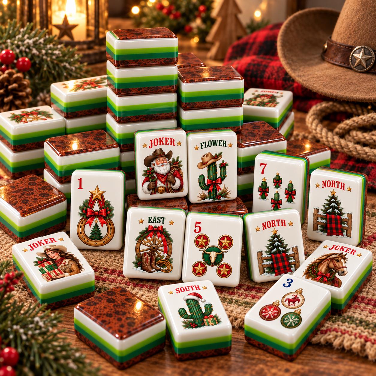 Western Christmas Cowboy American Mahjong Tiles with cowboy Santa horse horseshoe and cactus faces