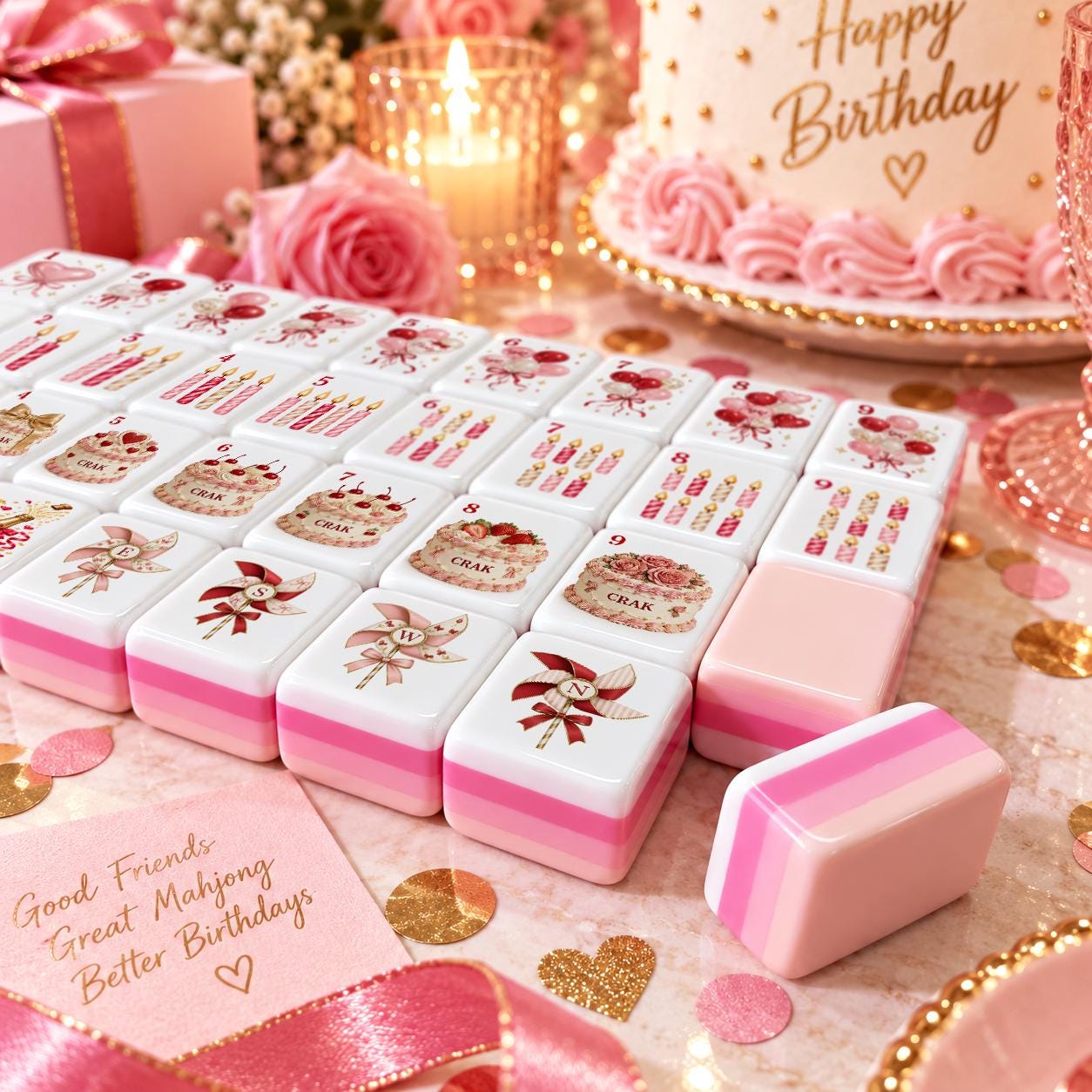 Pink Birthday Party American Mahjong Tiles with cake candles balloons and striped backs