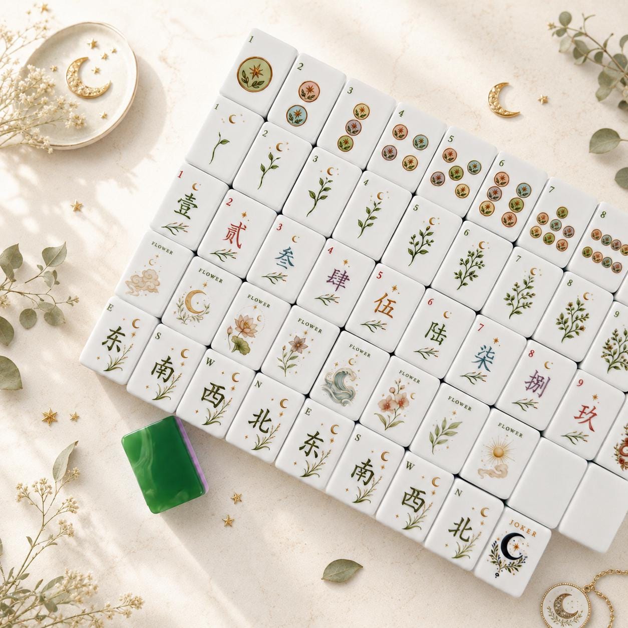 Moonlit Botanical Green American Mahjong Tiles with leaf suits crescent moon and jade look backs