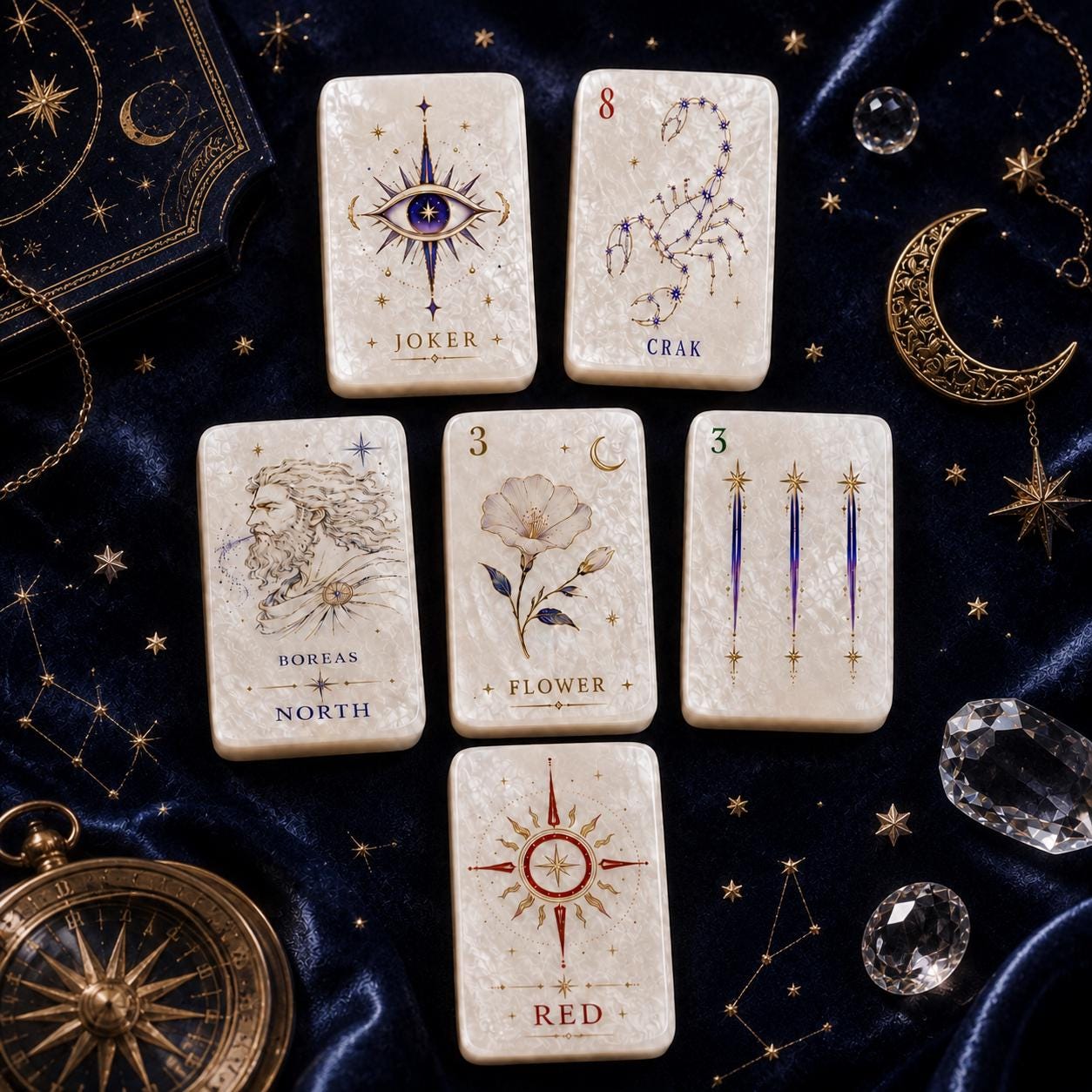 Celestial Zodiac American Mahjong Tiles with constellation scorpion moon flower and compass art