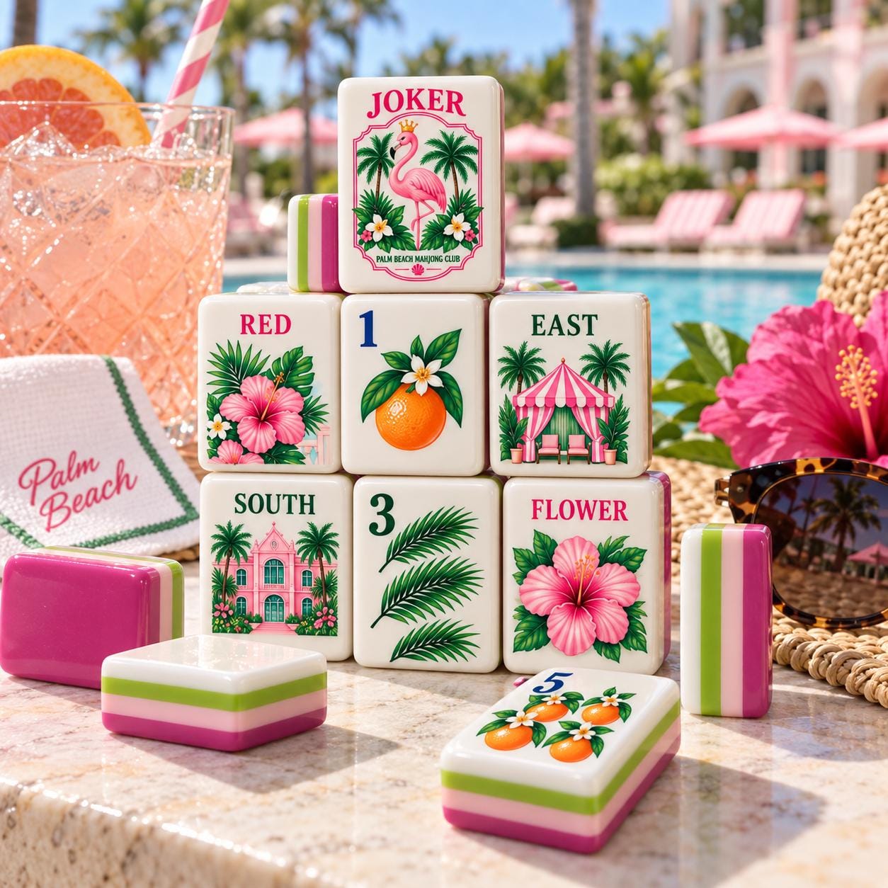 Palm Beach Flamingo American Mahjong Tiles with flamingo hibiscus orange and pink green backs