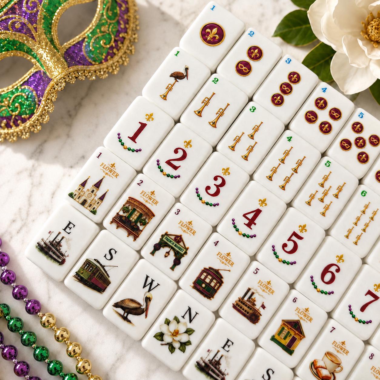 New Orleans Mardi Gras American Mahjong Tiles with streetcar steamboat fleur de lis and beads