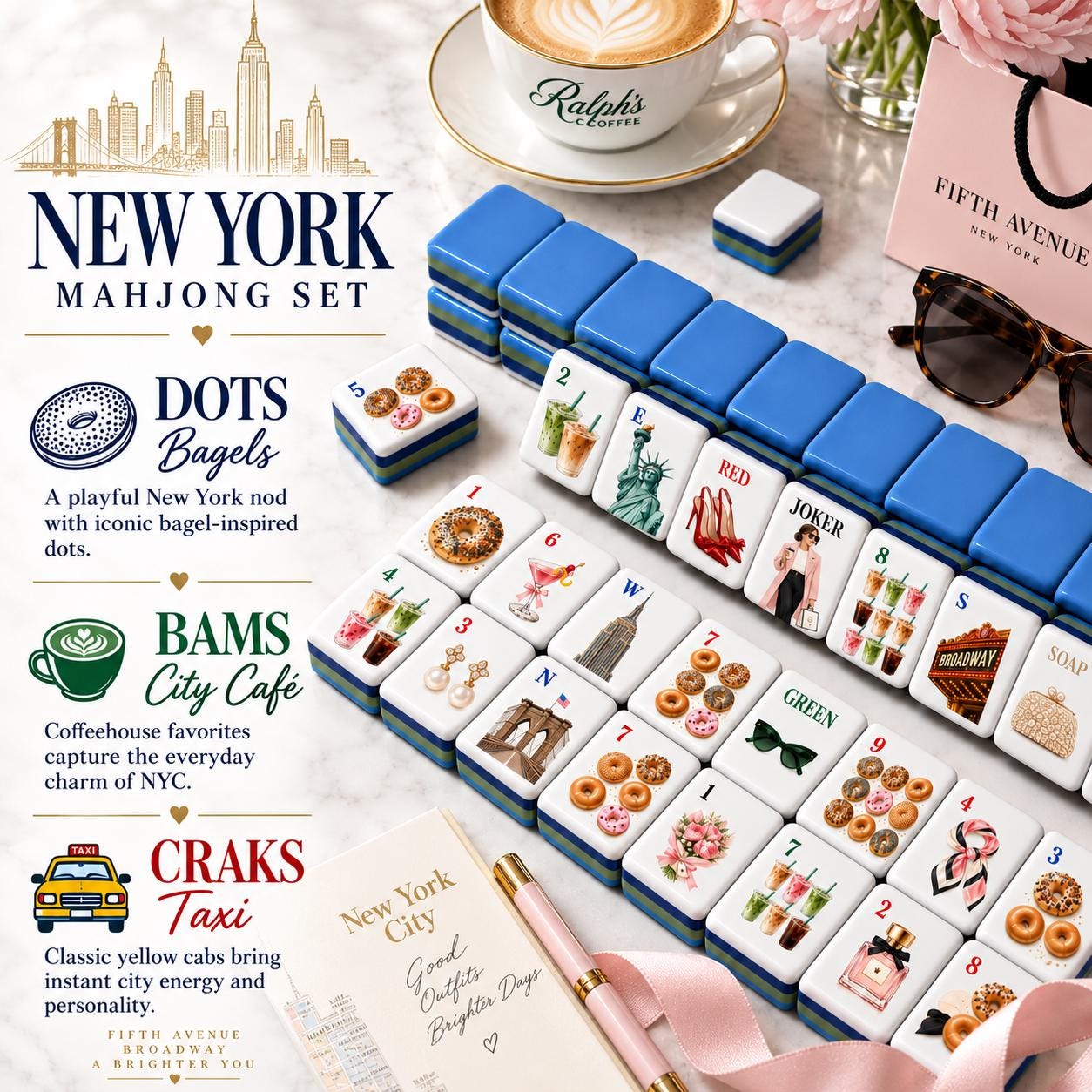 New York City Bagel Cafe American Mahjong Tiles with bagel cafe taxi and skyline motifs