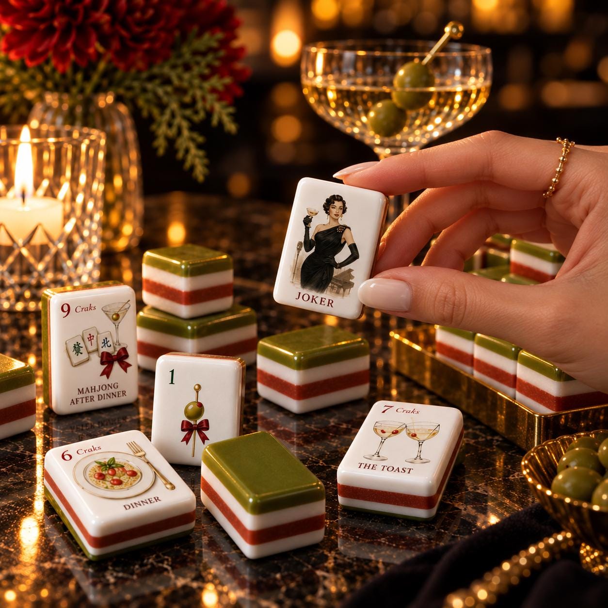 Supper Club Cocktail American Mahjong Tiles with martini olive dinner and burgundy green edges
