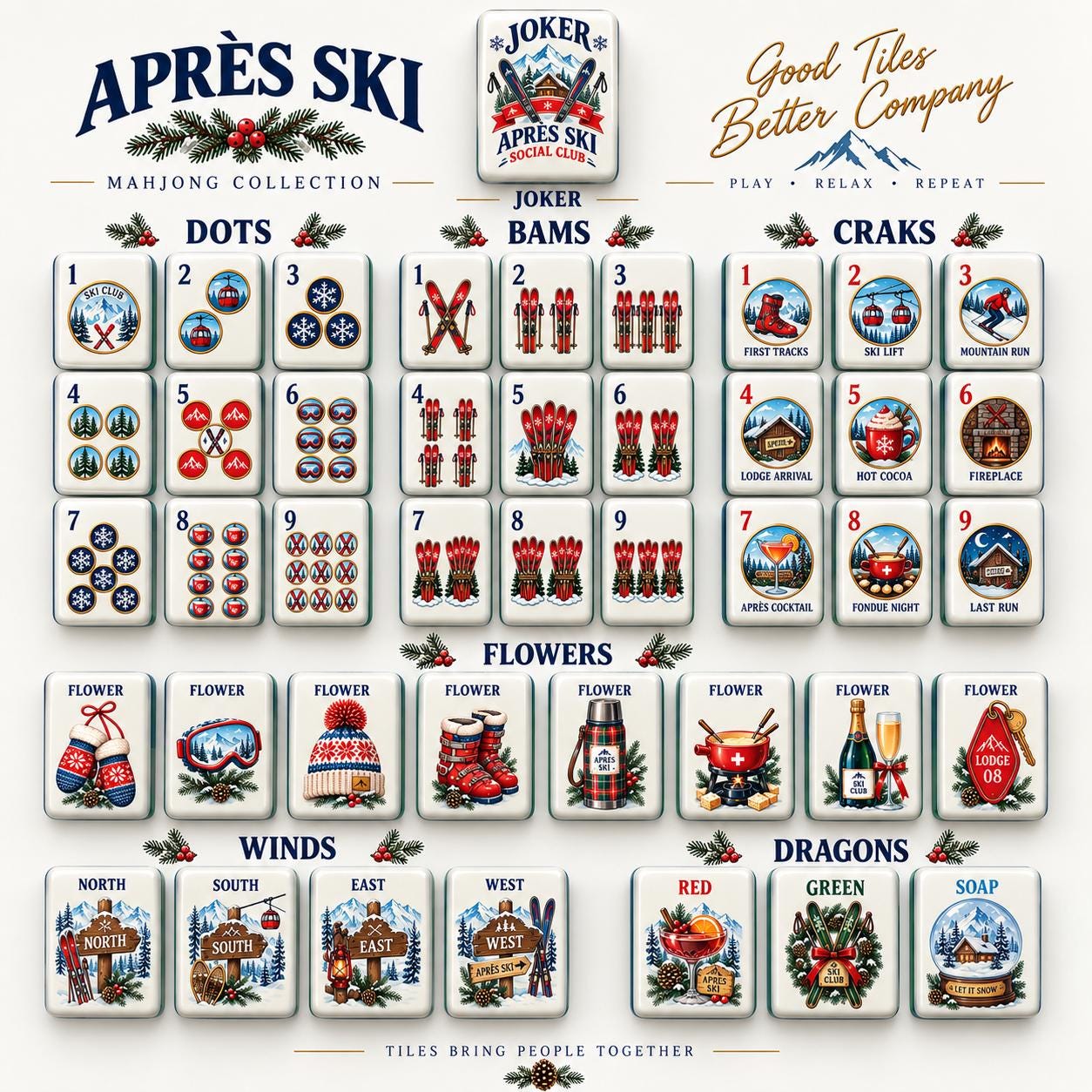 Après Ski Social Club American Mahjong Tiles with ski lift lodge and snowflake illustrations