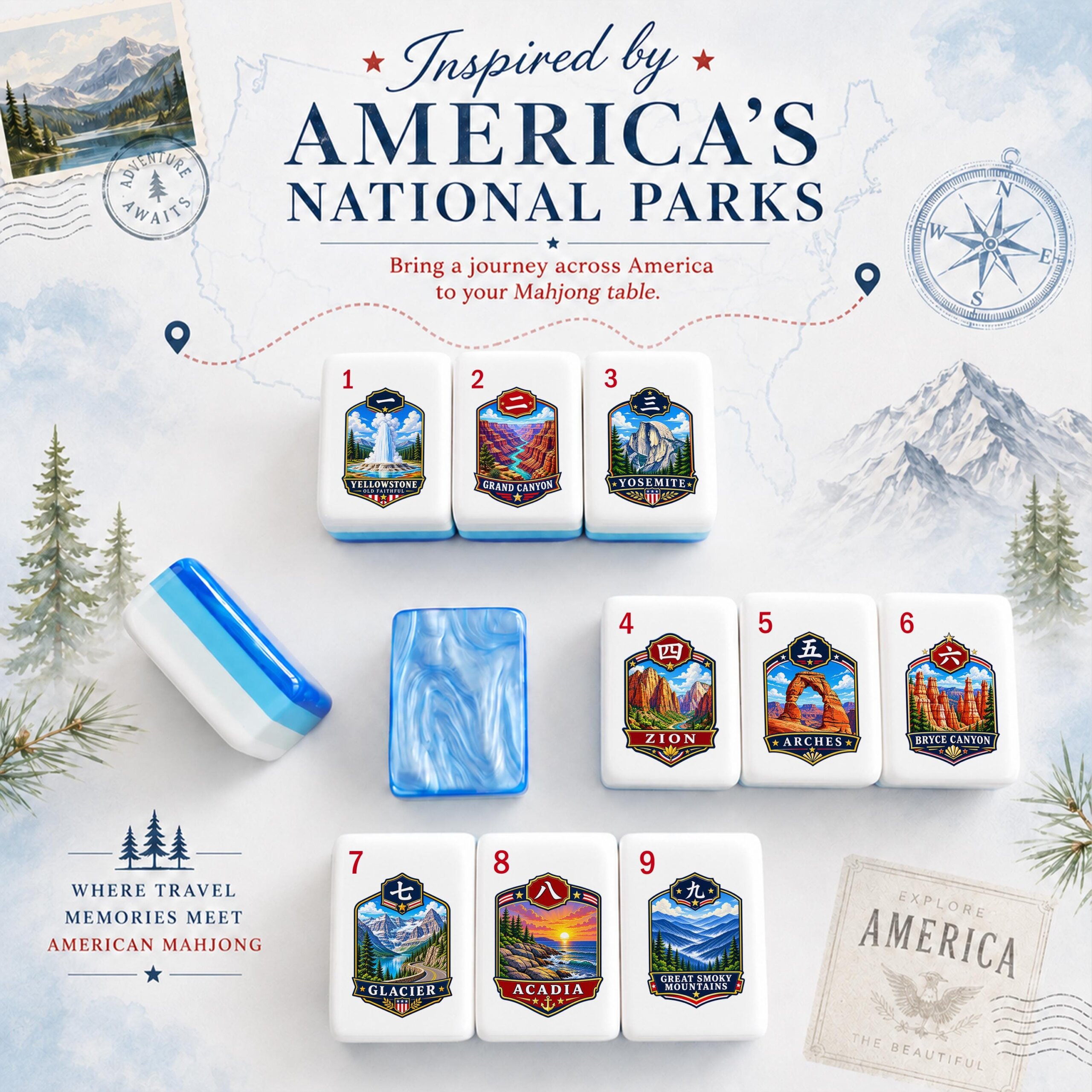 American National Parks Badge Mahjong Tiles with Yellowstone Yosemite Zion Glacier and blue backs