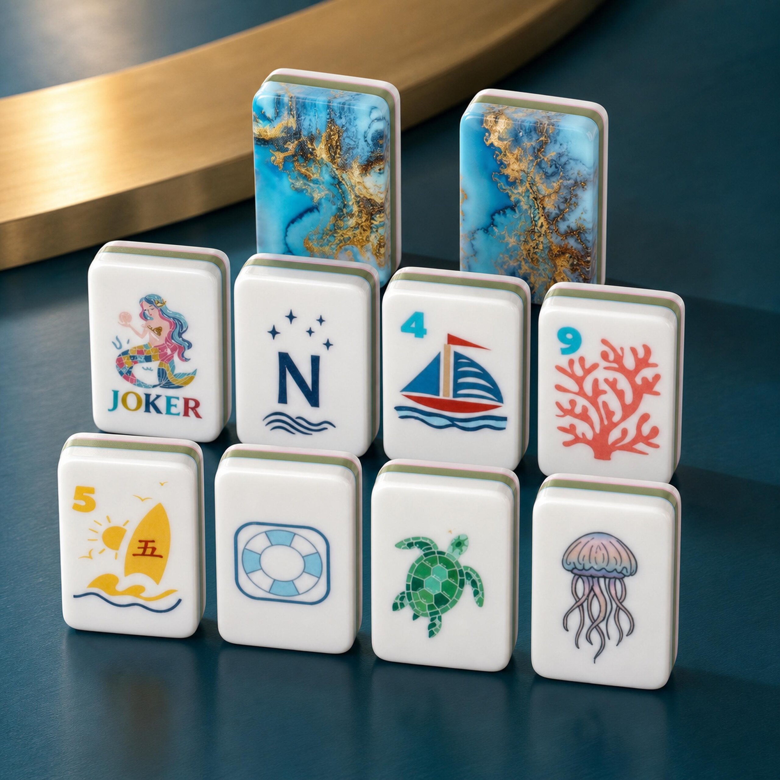 Tidal Treasures Coastal American Mahjong Tiles showing blue agate look and gold colored veined backs