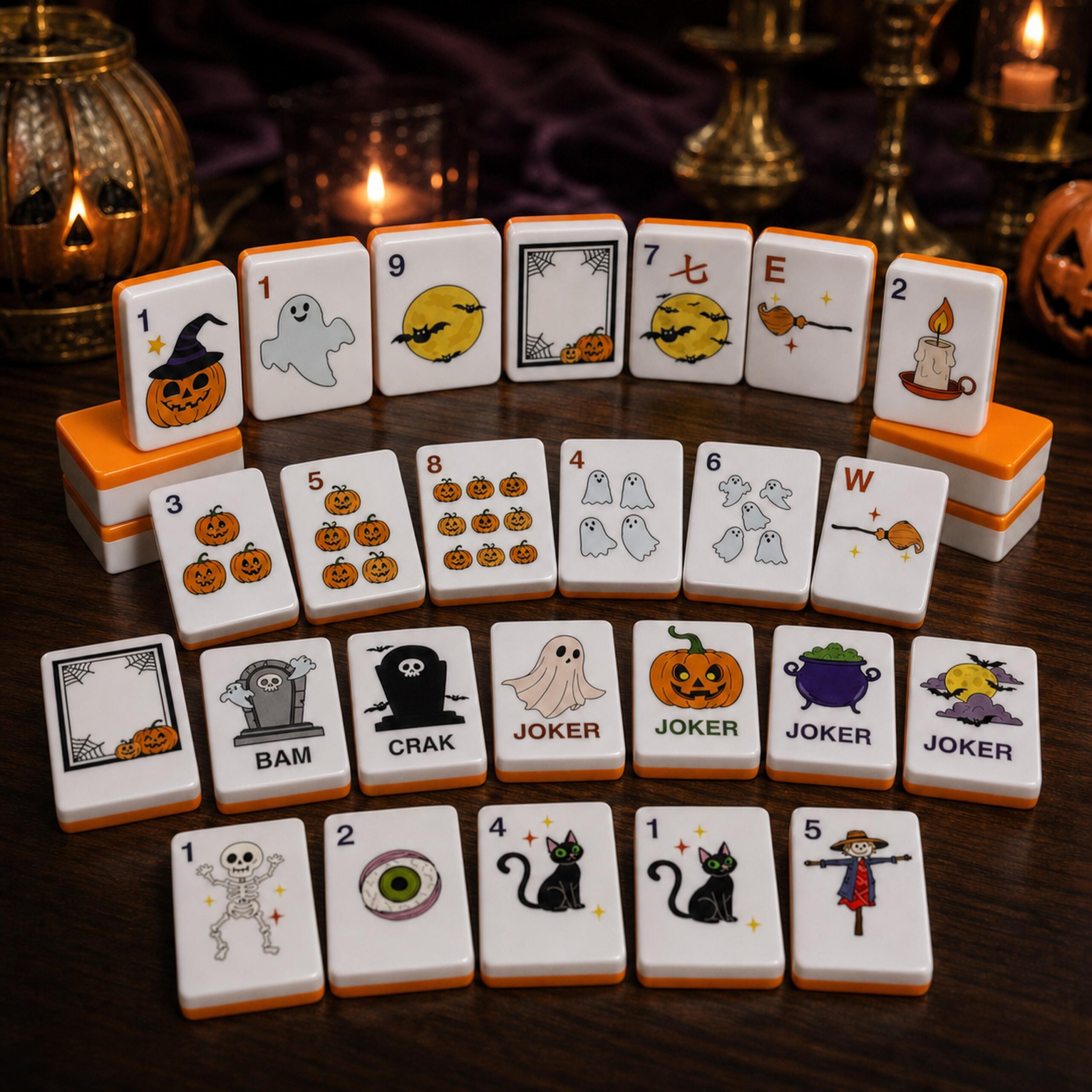 Moonlit Mischief Halloween American Mahjong tiles with pumpkins ghosts and orange backs