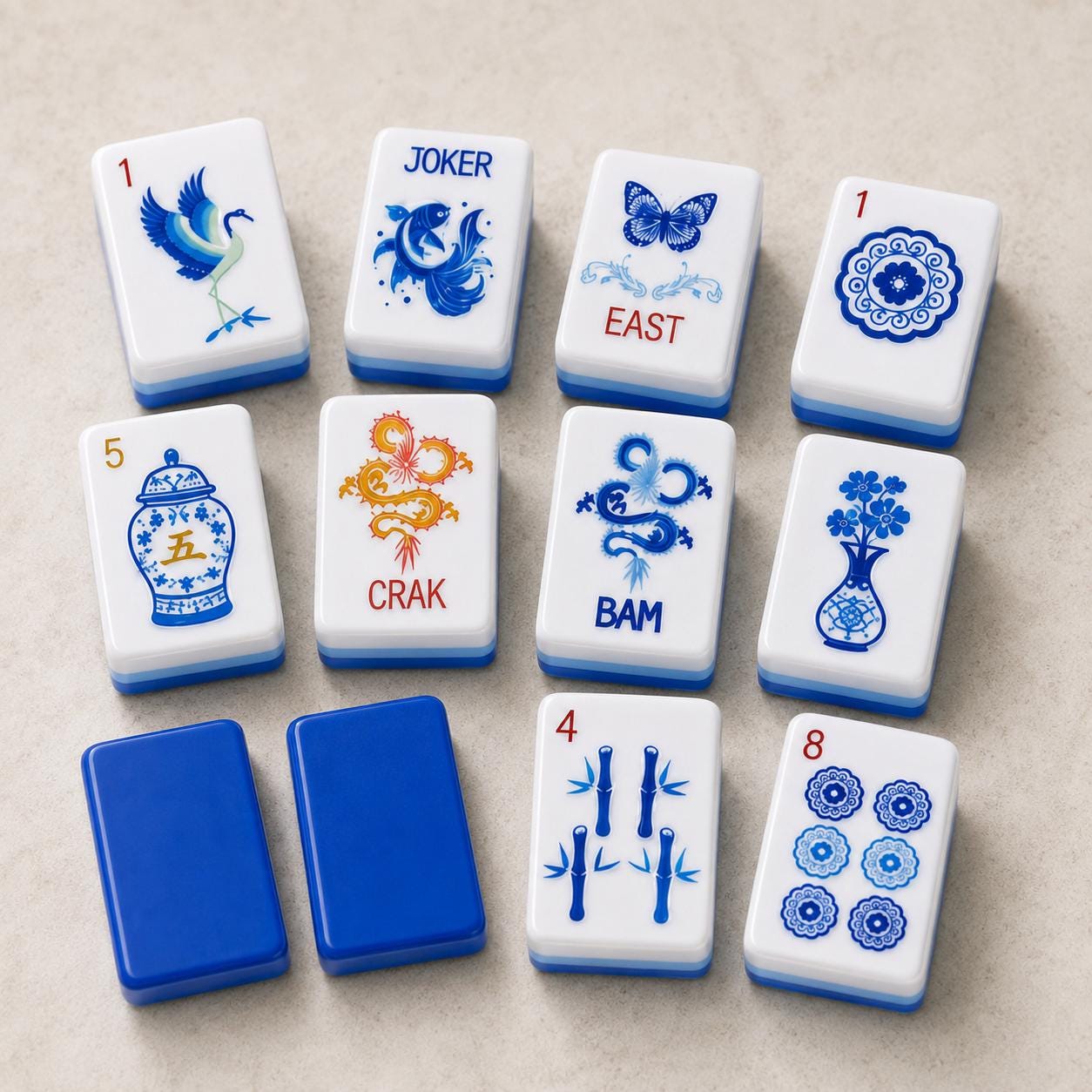 Royal blue porcelain-style American Mahjong tiles with floral and butterfly artwork