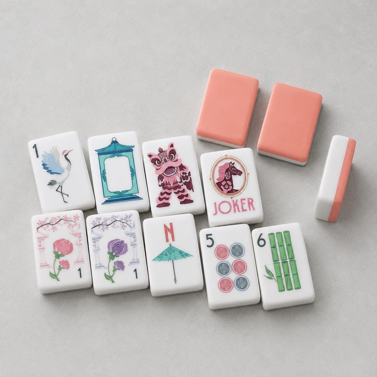 Coral Garden Crane American Mahjong Tiles with pink backs and crane bamboo rose faces