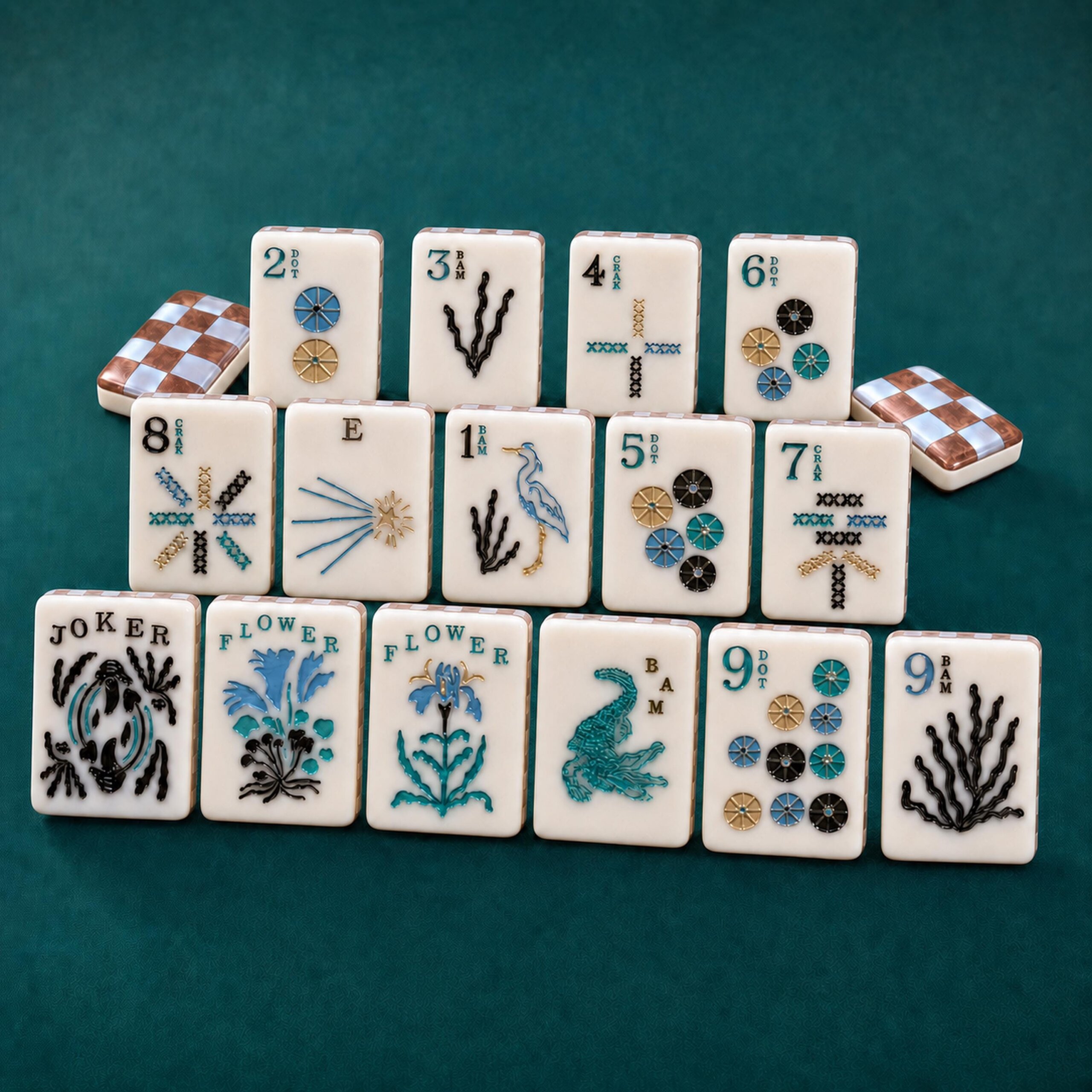 Copper Garden American Mahjong tiles with copper and pearl checker backs