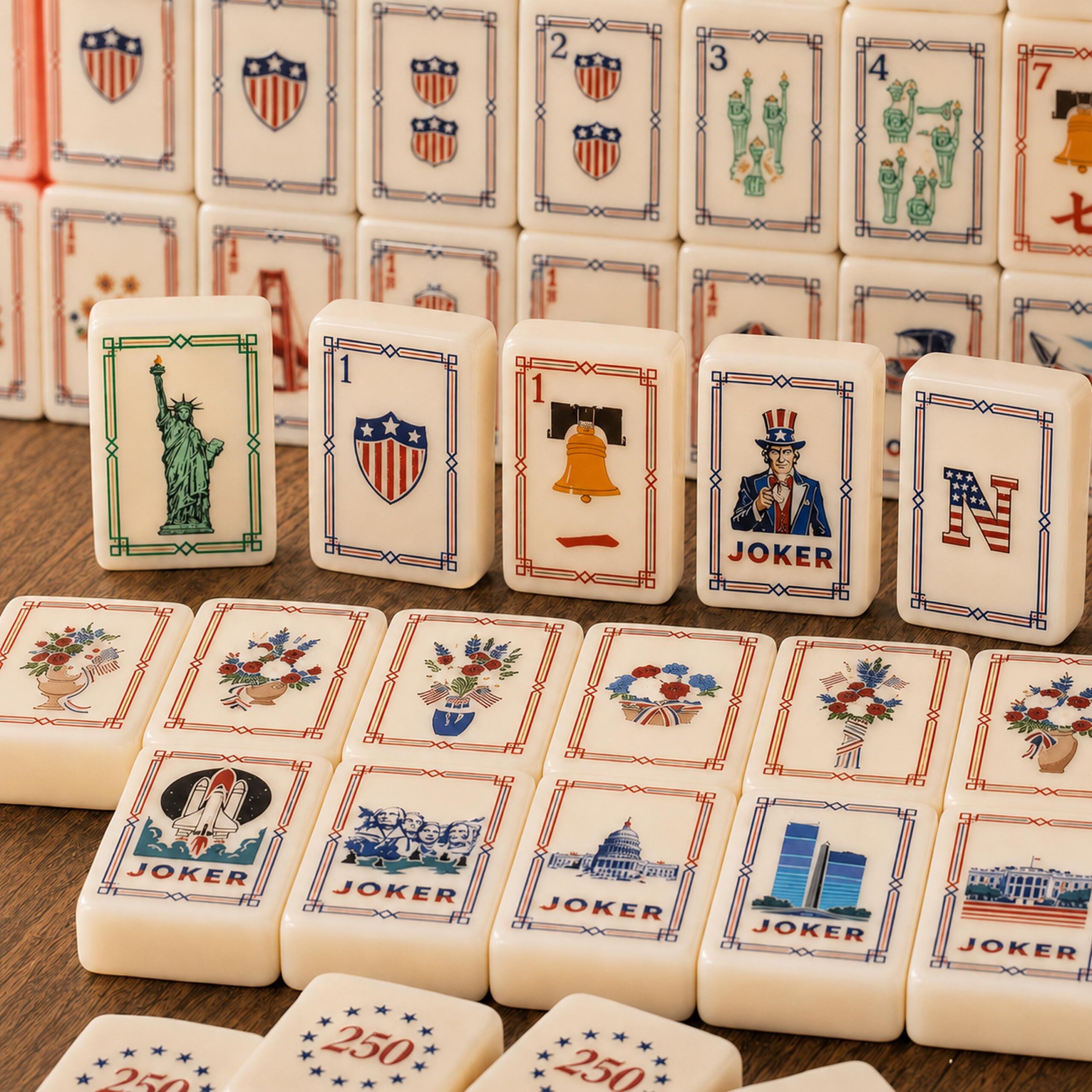 American Icons Red White Blue Mahjong Tiles with Statue of Liberty bell and shield faces