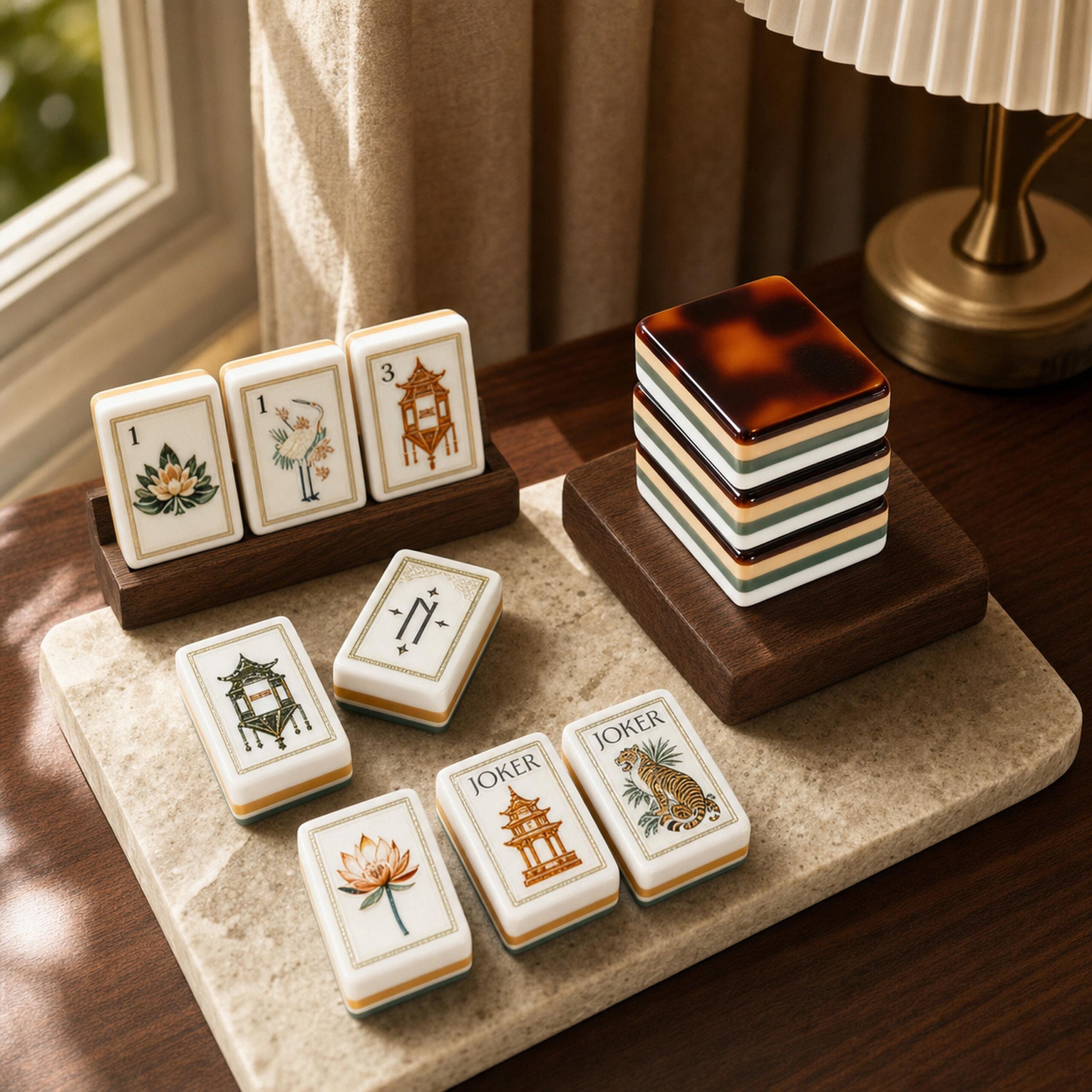Lotus Lantern Garden American Mahjong tiles with jade edges and tortoiseshell-style backs