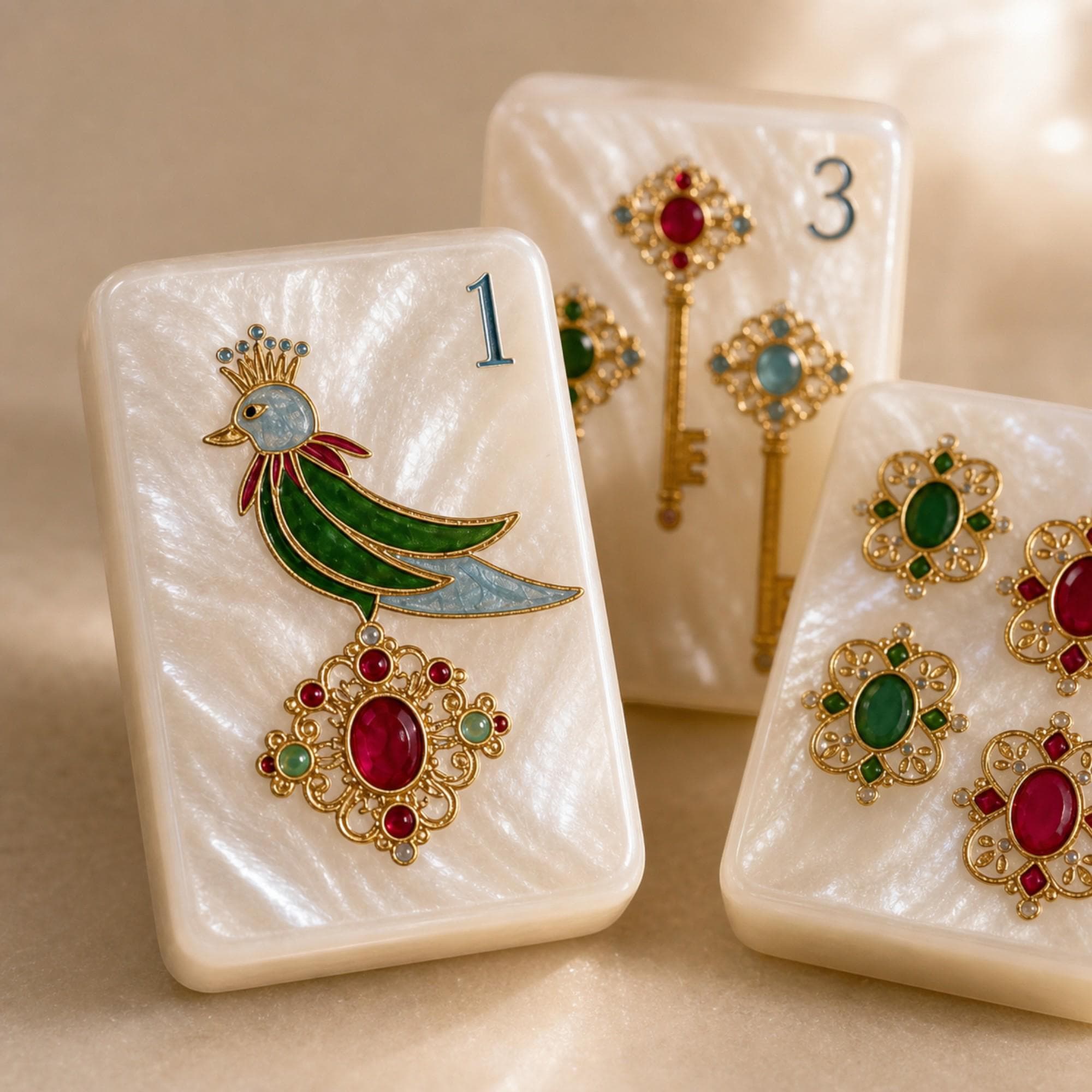 Pearlescent Jewel American Mahjong Tiles with creamy shimmer and jewel inspired bird faces