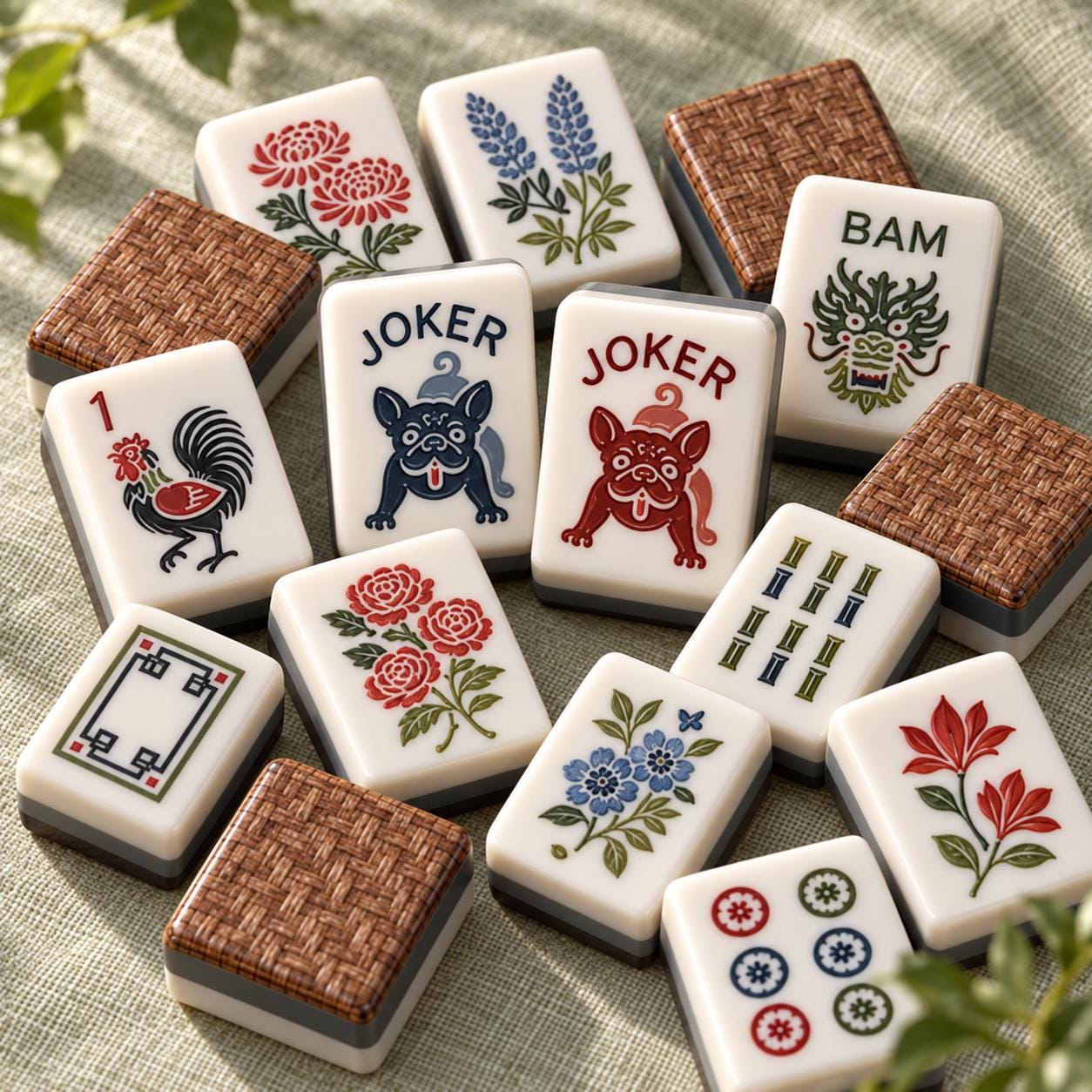 Paws and Petals Dog American Mahjong Tiles with dog Jokers flowers and woven pattern backs