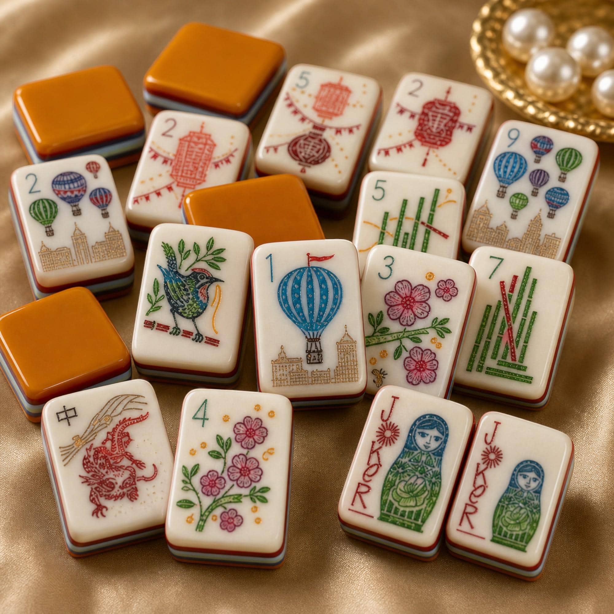 Hot Air Balloon Garden American Mahjong Tiles with balloon lantern and flower faces