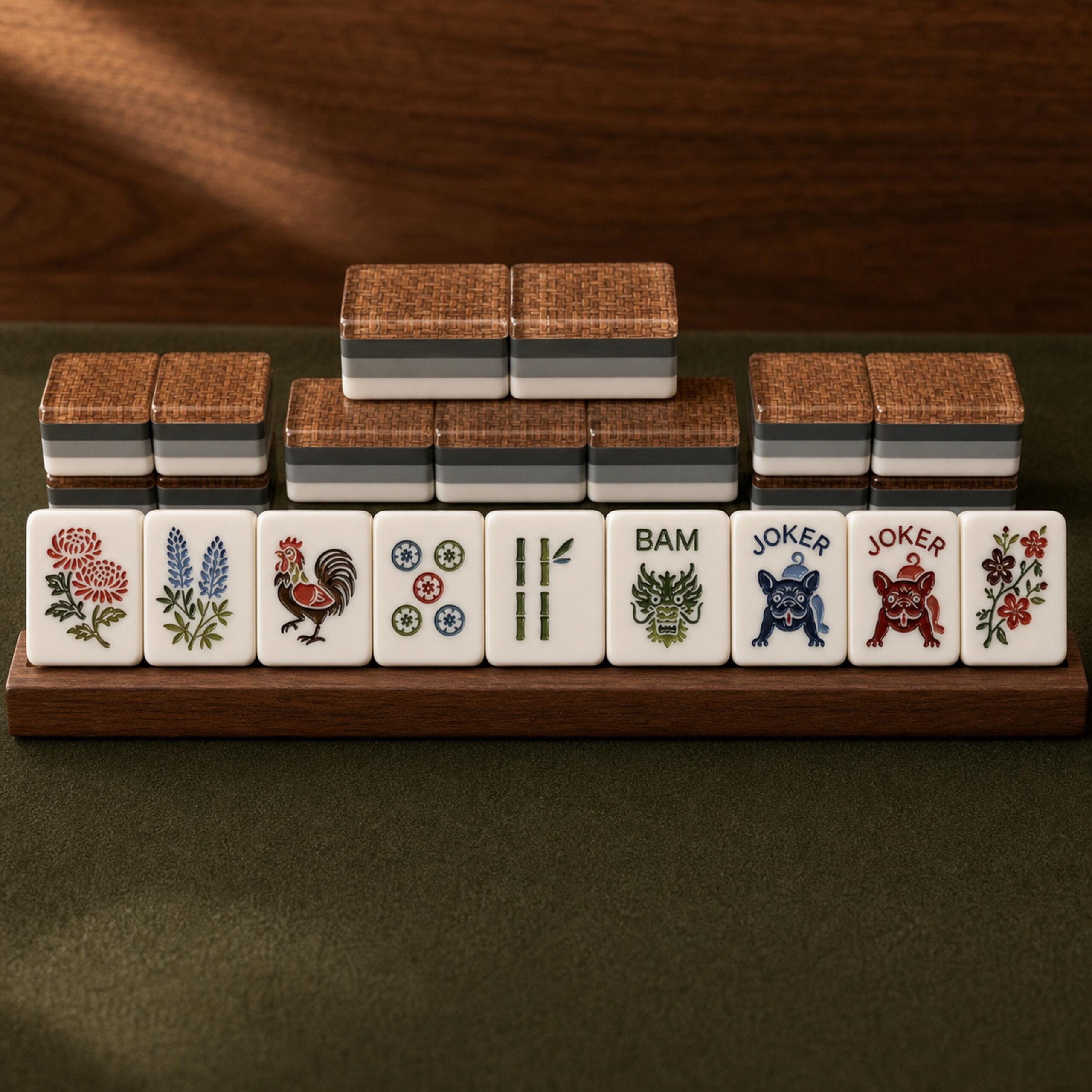 Woven Garden American Mahjong tiles showing bamboo-weave backs