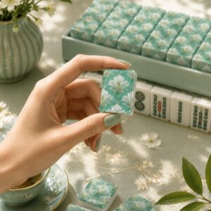 White Daisy on Teal American Mahjong Tiles with white flowers and aqua botanical back