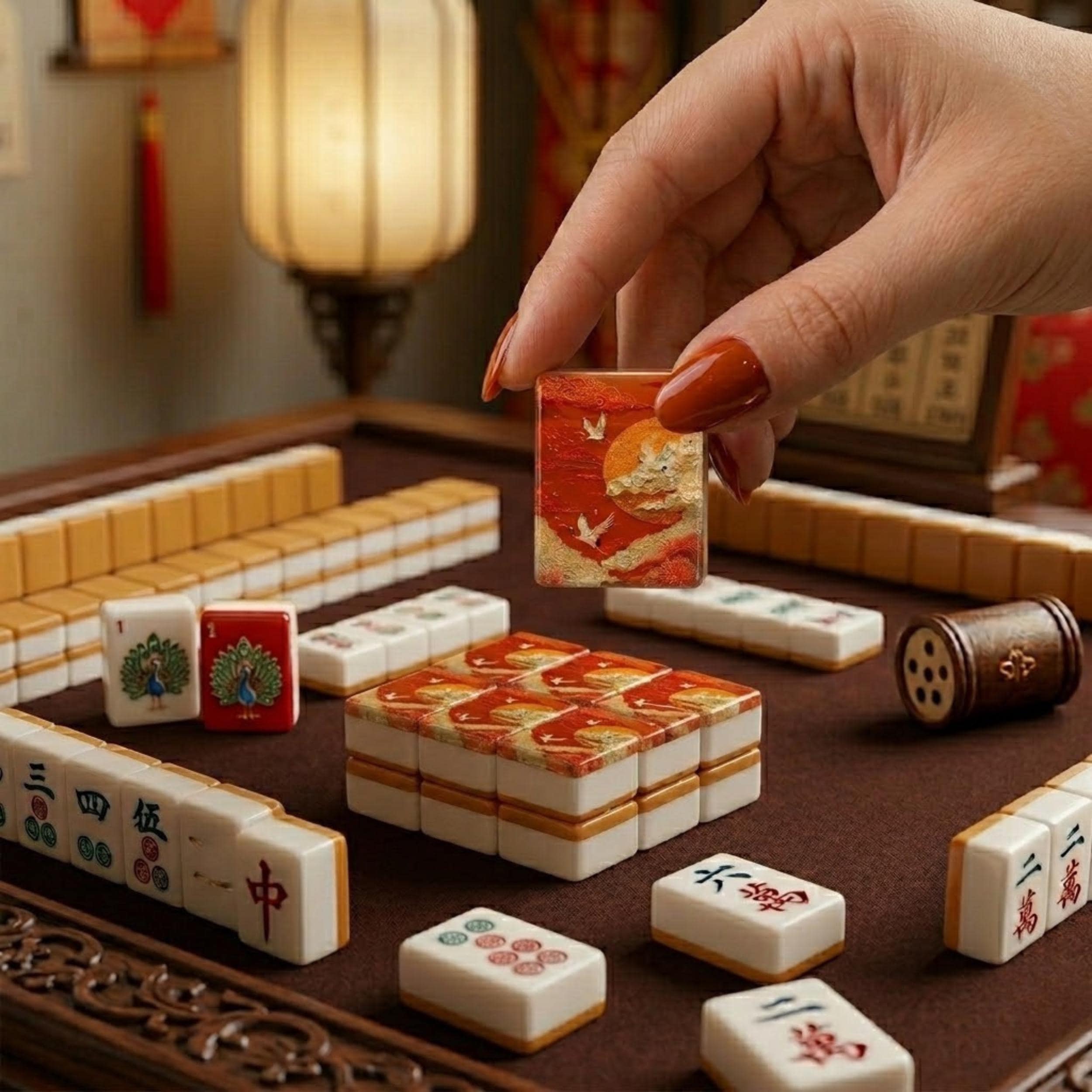 Red-and-Gold Crane American Mahjong Tiles with flying cranes and gold colored marks on red back