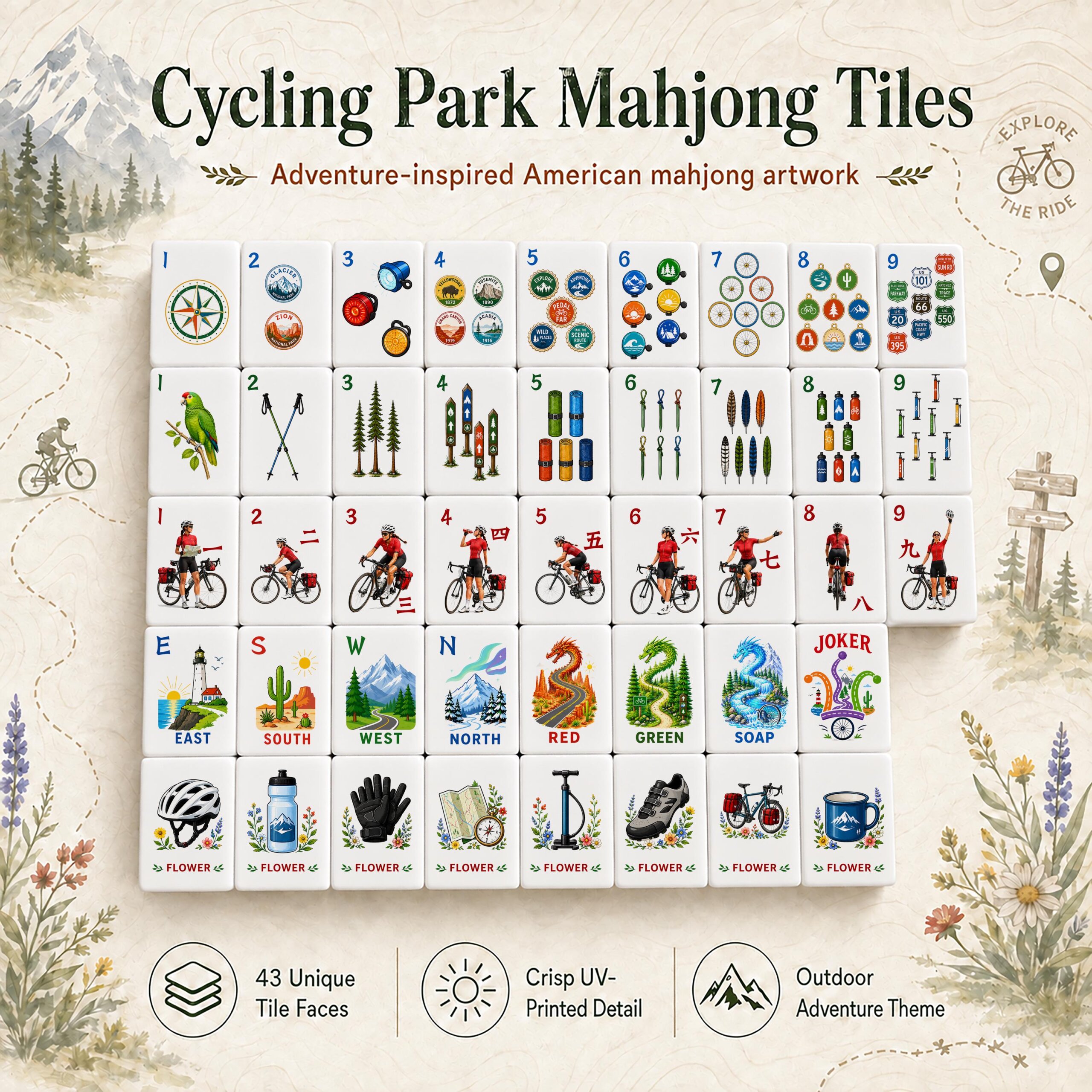 Mint-back Cycling Park American Mahjong tiles with bicycles and trail artwork