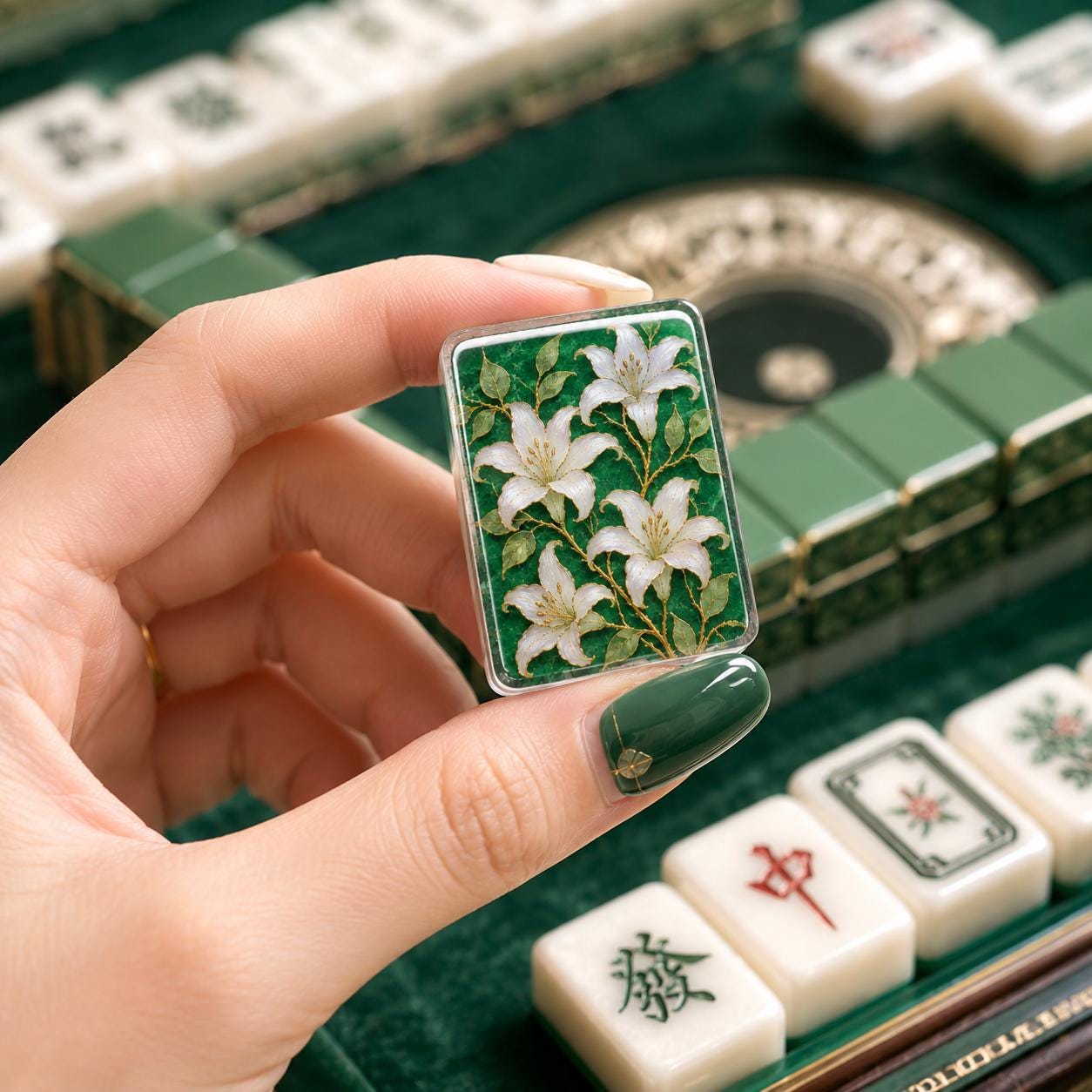 White Lily on Green American Mahjong Tiles with white lily blooms on dark green back
