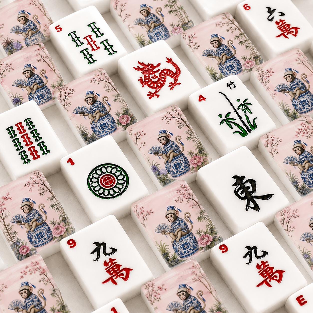 Pink Chinoiserie Monkey American Mahjong Tiles with monkey on porcelain style jar and pink flowers