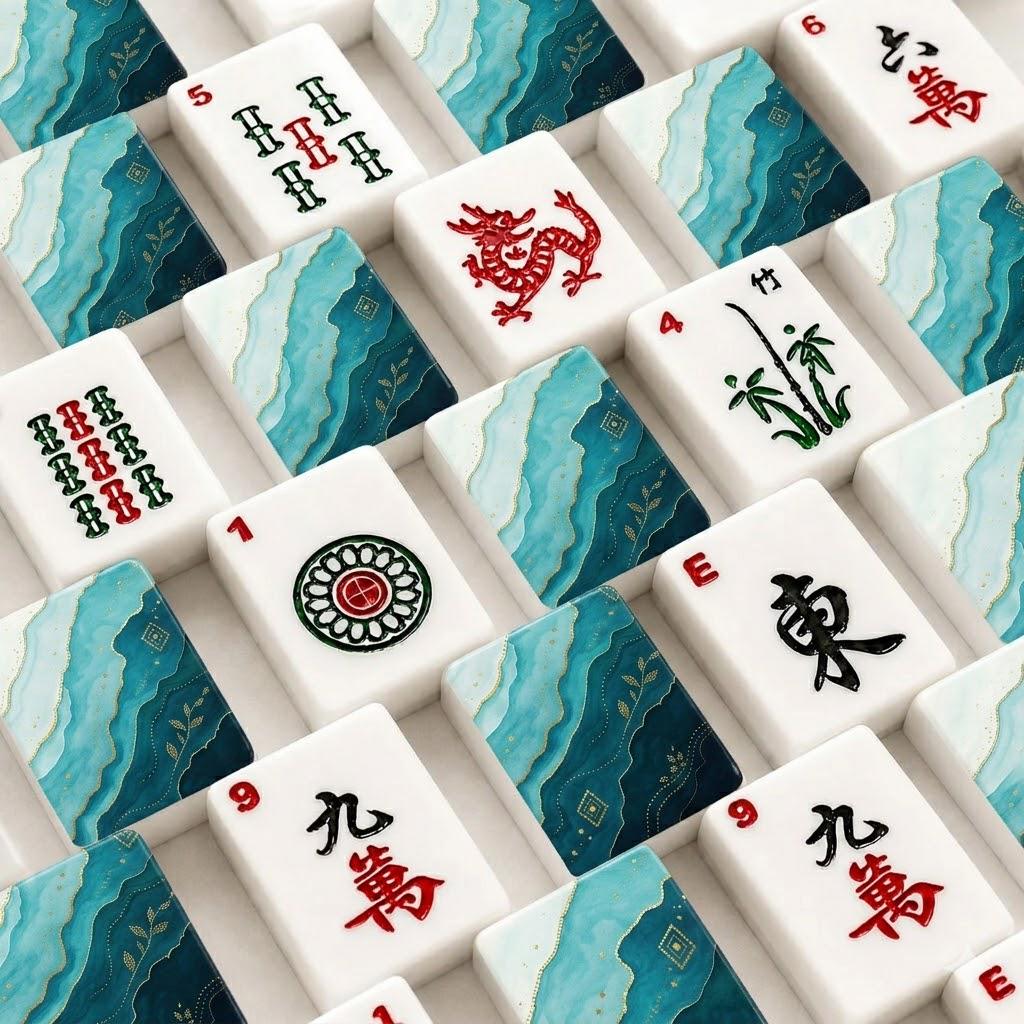 Teal Layered Wave American Mahjong Tiles with blue green bands and gold colored lines