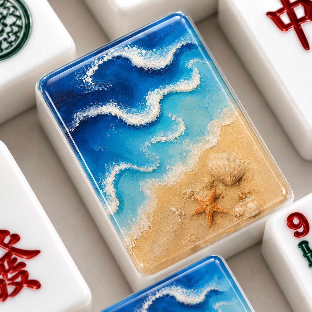 Ocean Shore American Mahjong Tiles with foamy waves sand shell and starfish on back