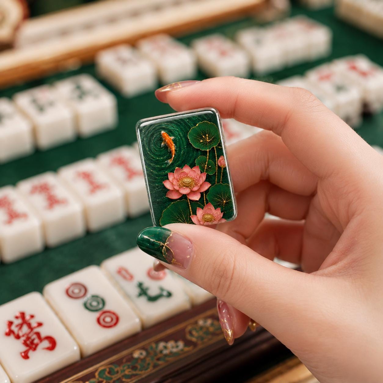 Koi and Pink Lotus American Mahjong Tiles with orange fish pink lotus and dark green pond back