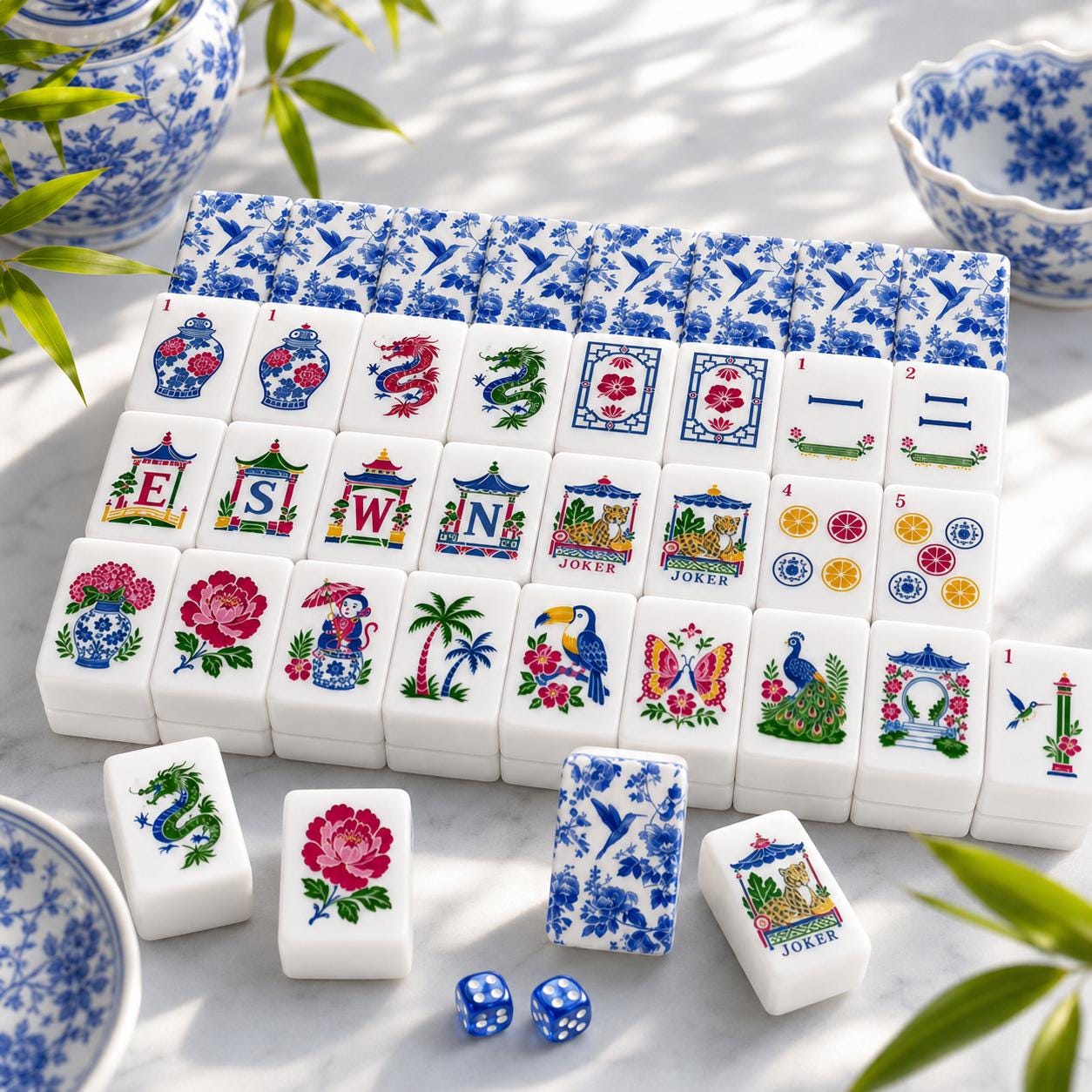 Blue Botanical Bird American Mahjong Tiles with blue white bird pattern on backs
