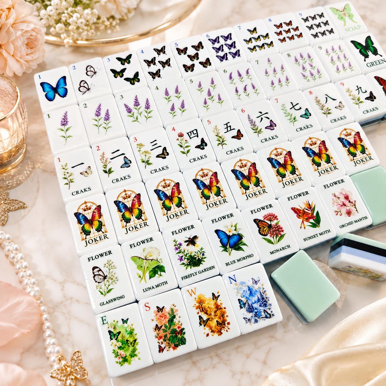 Colorful Butterfly Garden American Mahjong Tiles with butterfly Dots lavender flowers and rainbow Joker