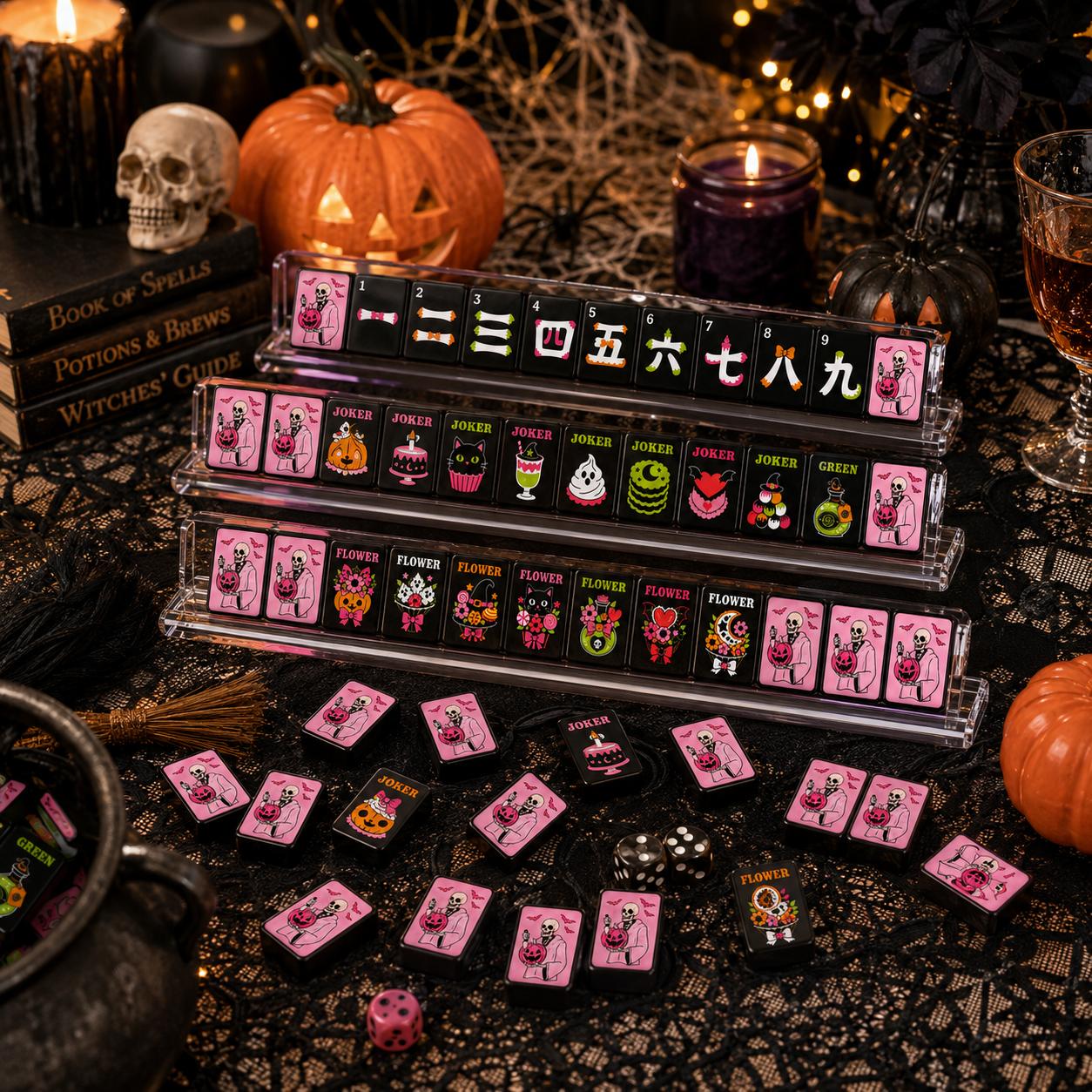 Pink Skeleton Halloween American Mahjong Tiles with pink skeleton backs and black Halloween faces