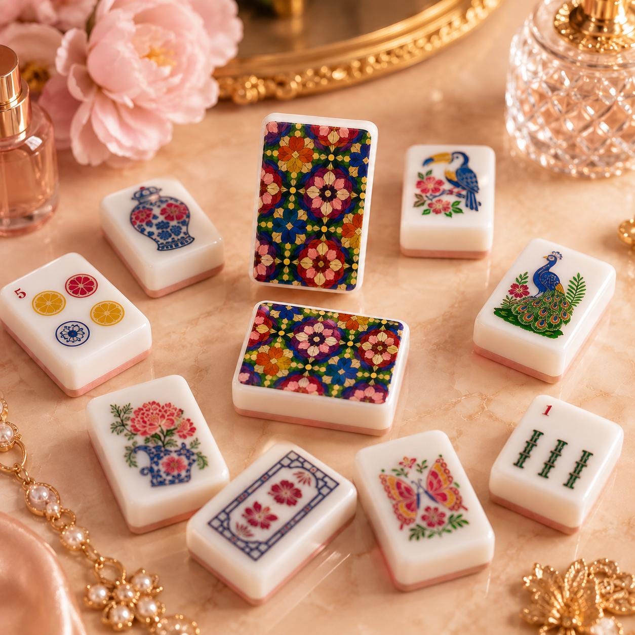 Stained-Glass Floral American Mahjong Tiles with colorful mosaic flower backs
