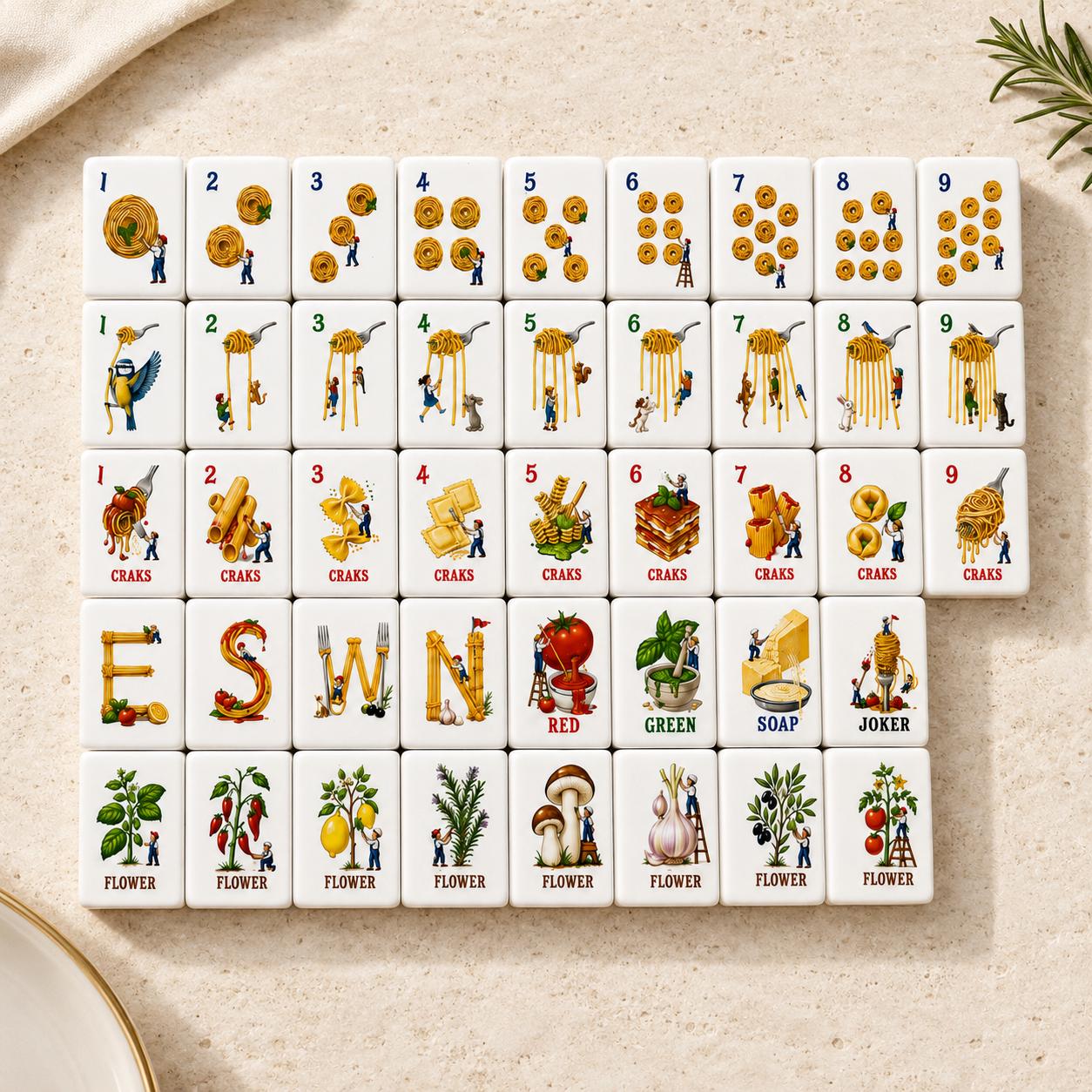 Pasta Night Italian Table American Mahjong tiles with spaghetti and pasta artwork