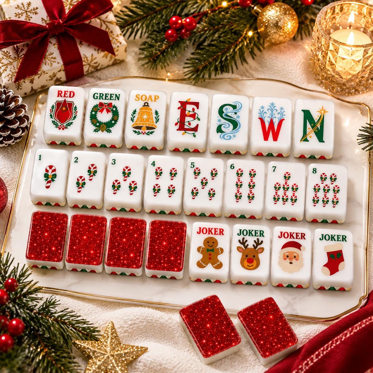 Red Glitter-Look Christmas American Mahjong Tiles