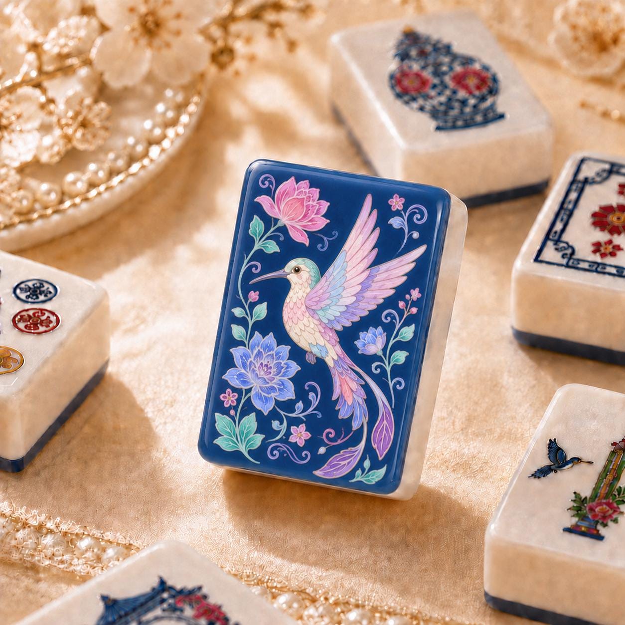 Pastel Floral Hummingbird American Mahjong Tiles with lilac bird pink lotus and blue flower back