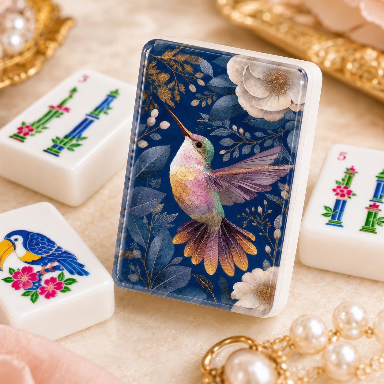 Gold-Toned Hummingbird Navy American Mahjong Tiles with multicolor hummingbird and pale flowers