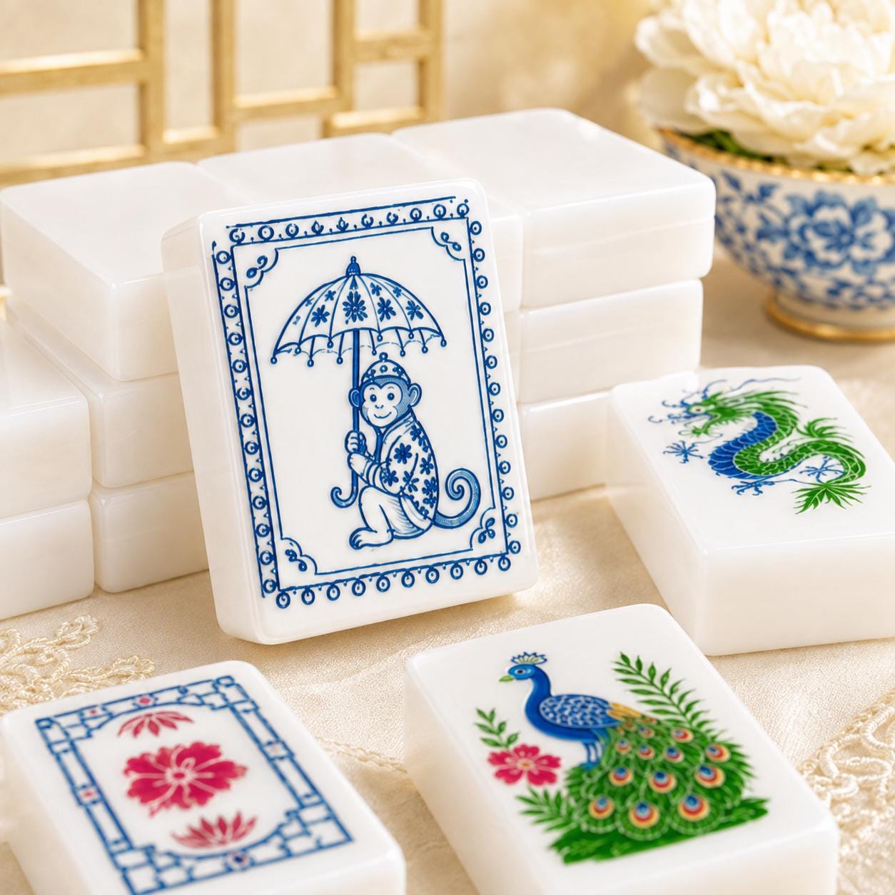 Blue Parasol Monkey American Mahjong Tiles with blue monkey umbrella and peacock faces