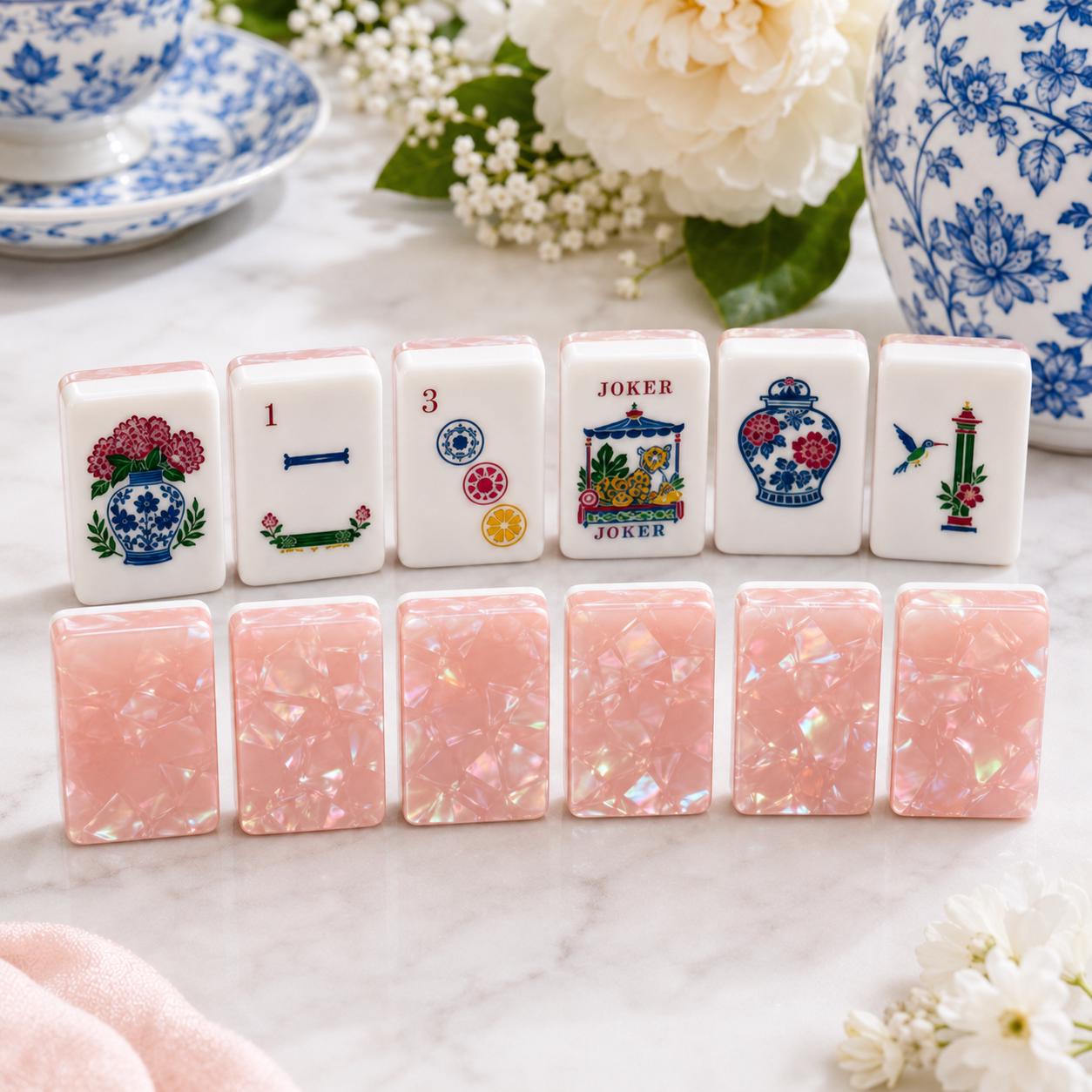 Pearlescent Pink Chinoiserie American Mahjong Tiles with rosy mosaic backs and jar faces