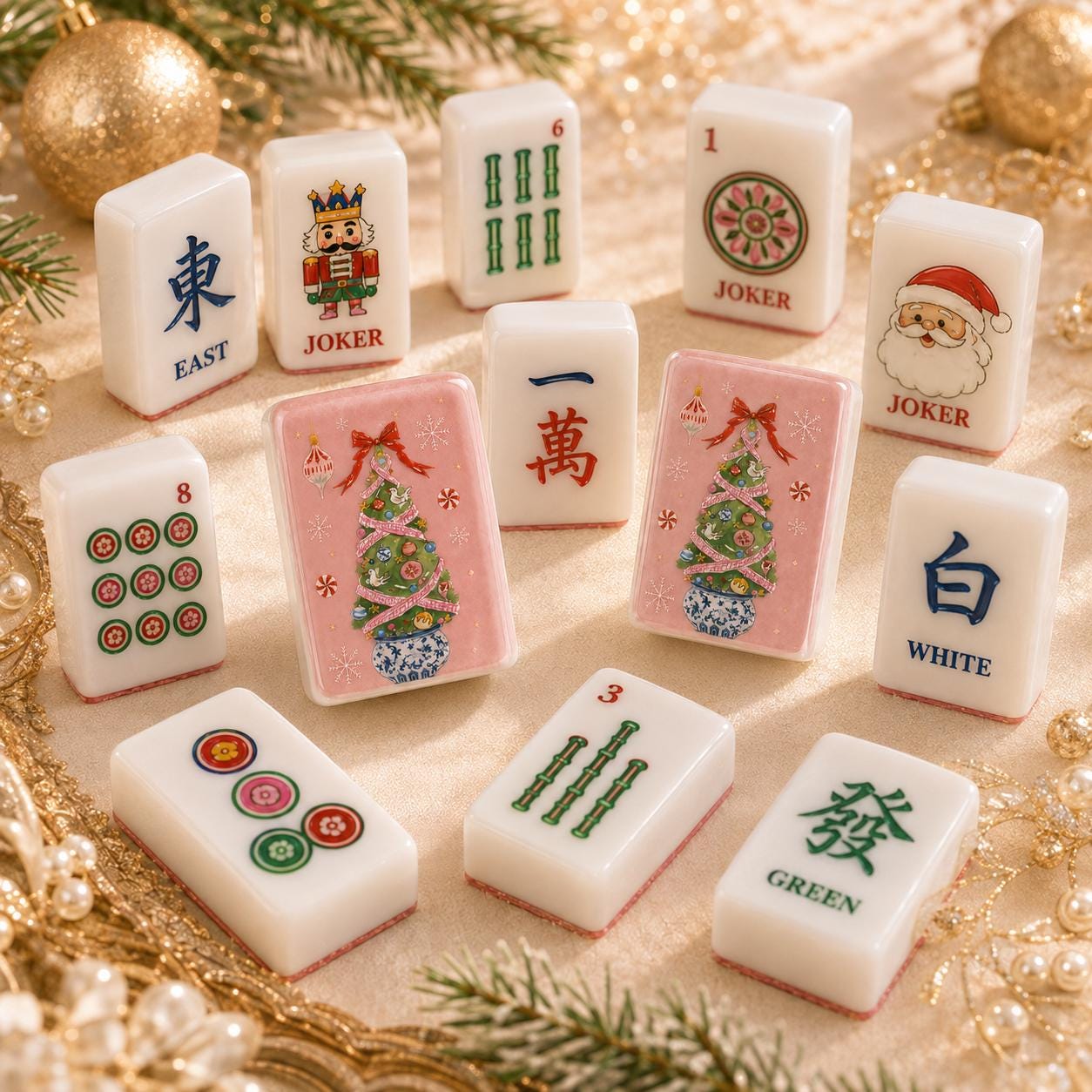 Pink Ginger Jar Christmas American Mahjong Tiles
