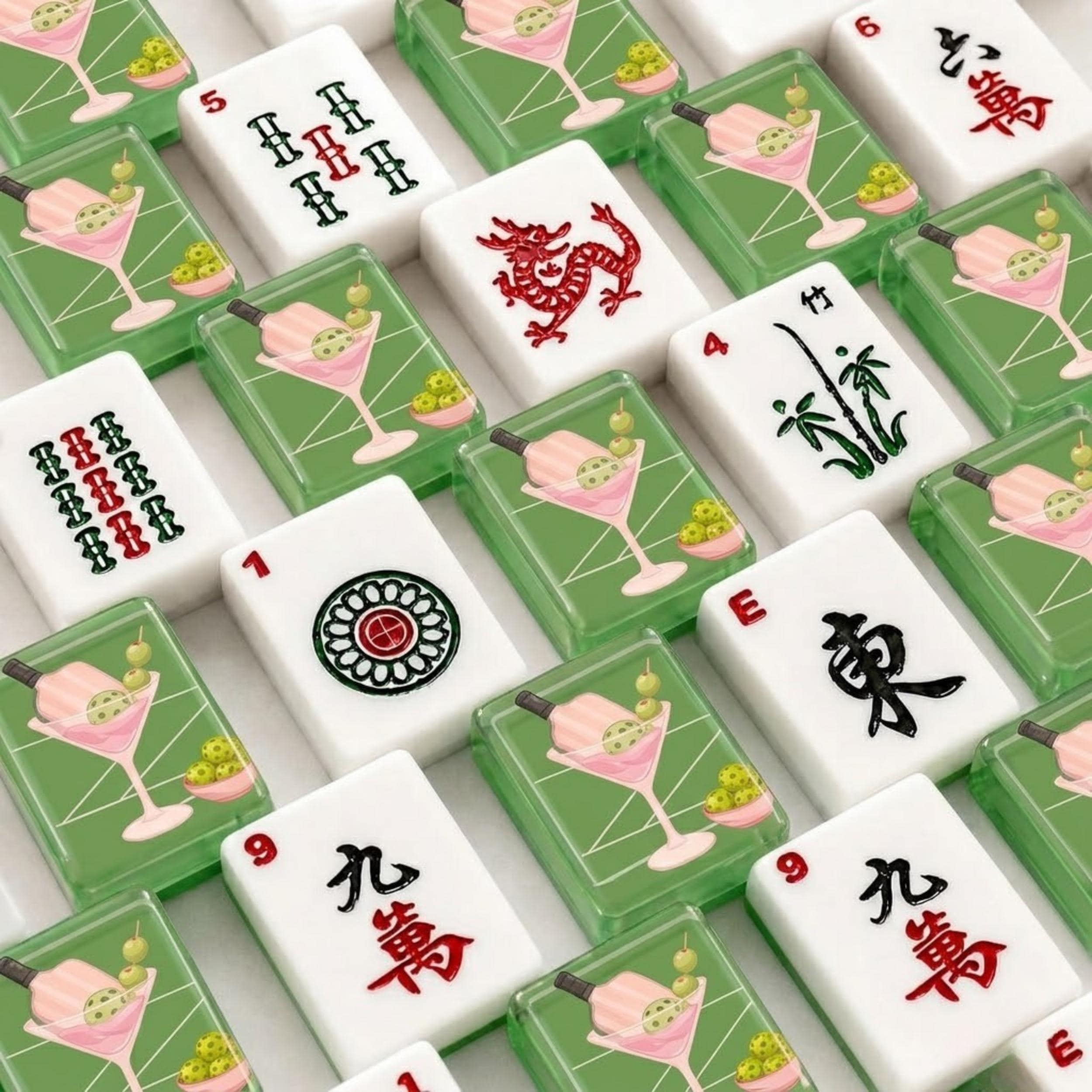 Pickleball Cocktail American Mahjong Tiles with pink drinks pickleballs and green court backs