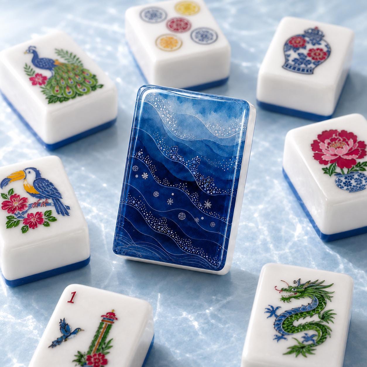 Blue Wave Chinoiserie American Mahjong Tiles with layered indigo wave back and bird faces