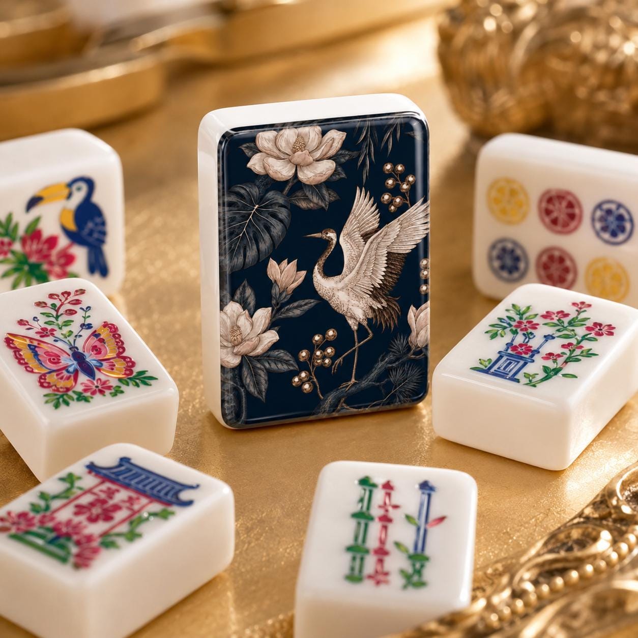 Magnolia Crane Navy American Mahjong Tiles with pale crane cream flowers and berries