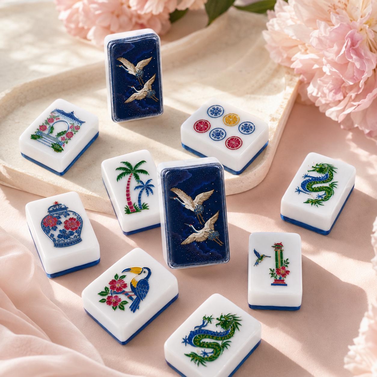 Midnight Flying Cranes American Mahjong Tiles with two pale cranes on navy night backs