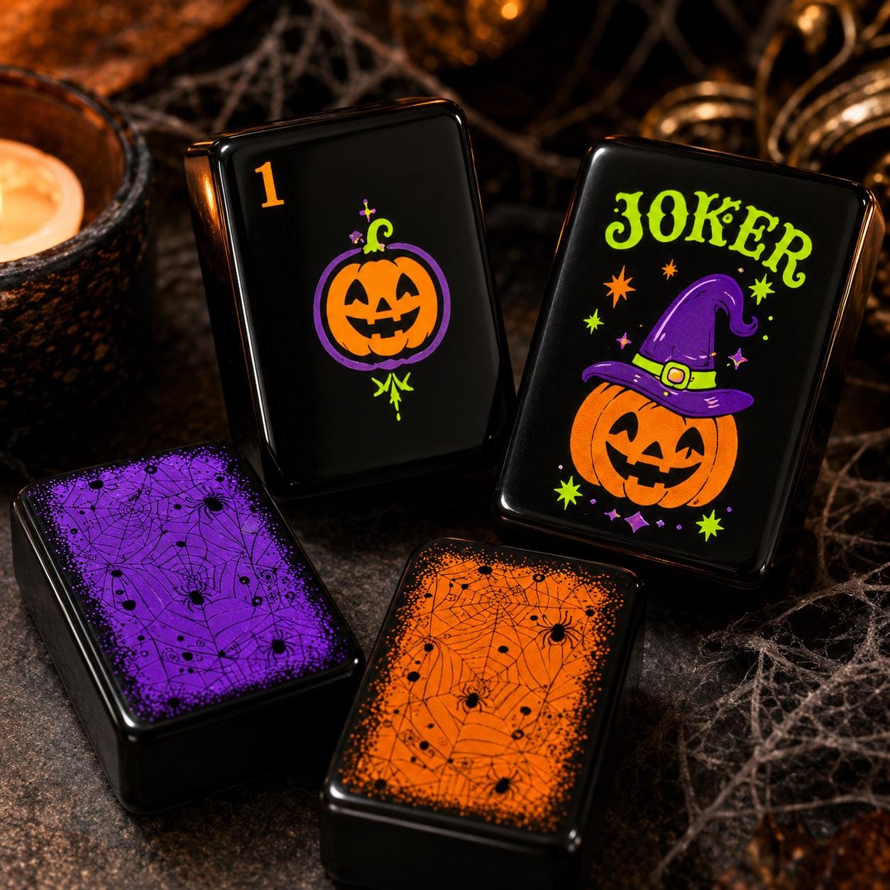 Witch Hat Pumpkin American Mahjong Tiles with black faces orange pumpkin Joker and spiderweb backs