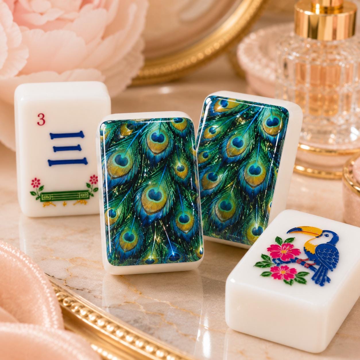 Peacock Feather American Mahjong Tiles with blue green feather eye pattern on backs