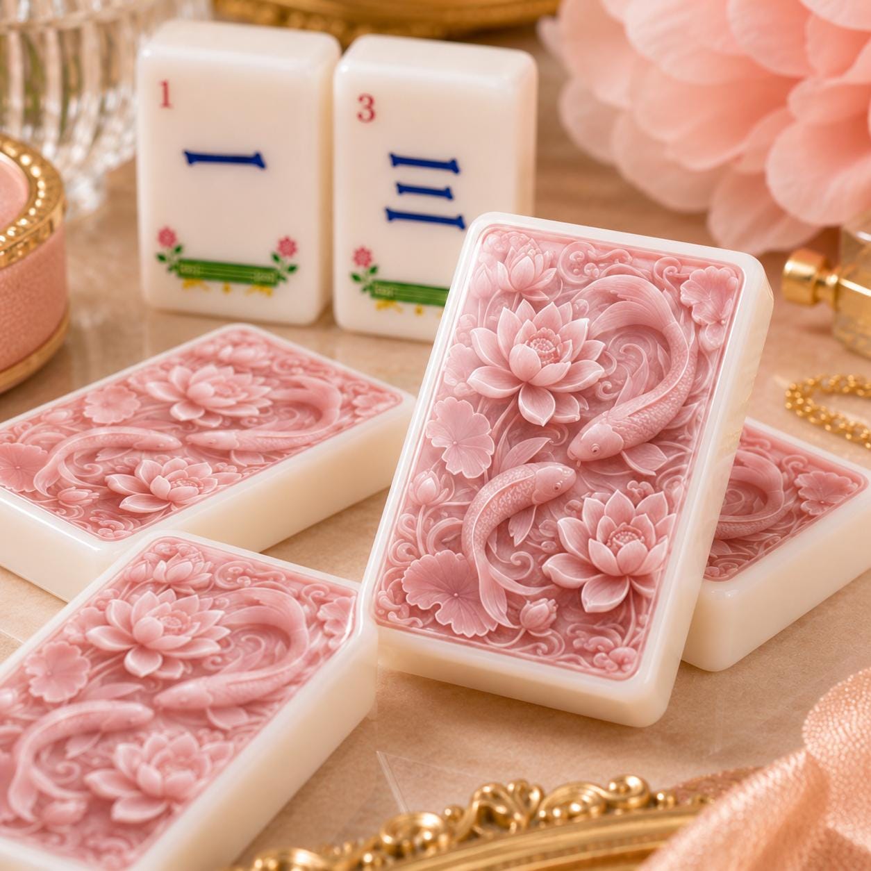 Pink Koi and Lotus American Mahjong Tiles with two fish and lotus flowers on pink back