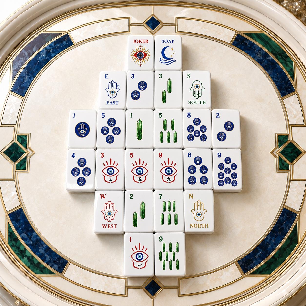 Hamsa and Evil Eye American Mahjong tiles with hand and botanical artwork