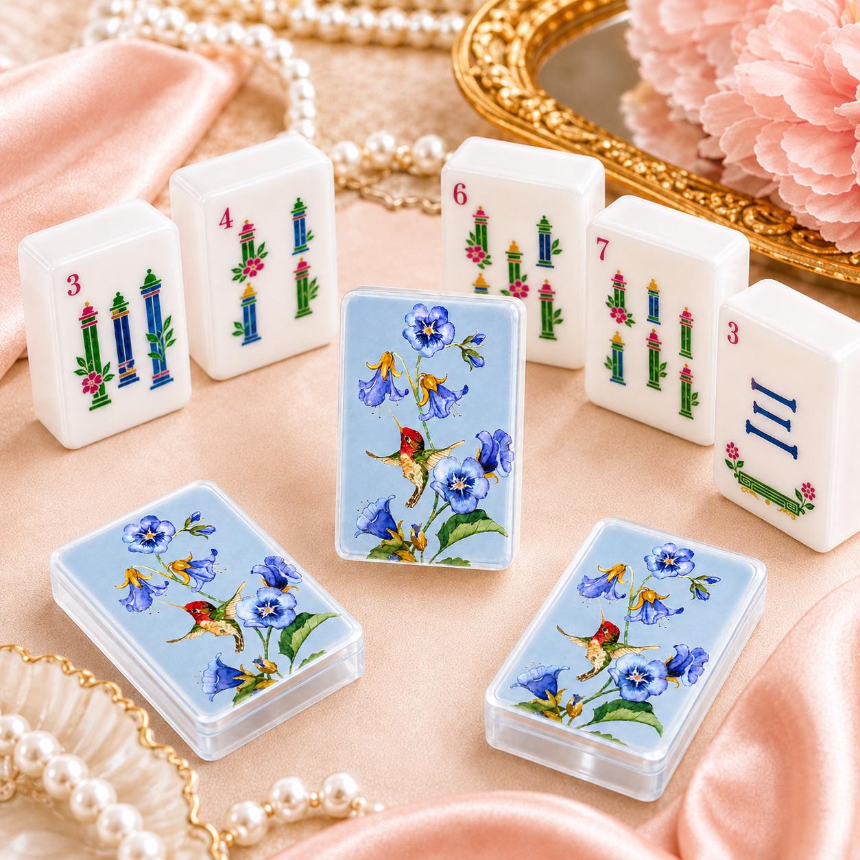 Blue Bellflower Hummingbird American Mahjong Tiles with hummingbird and blue flowers on pale back