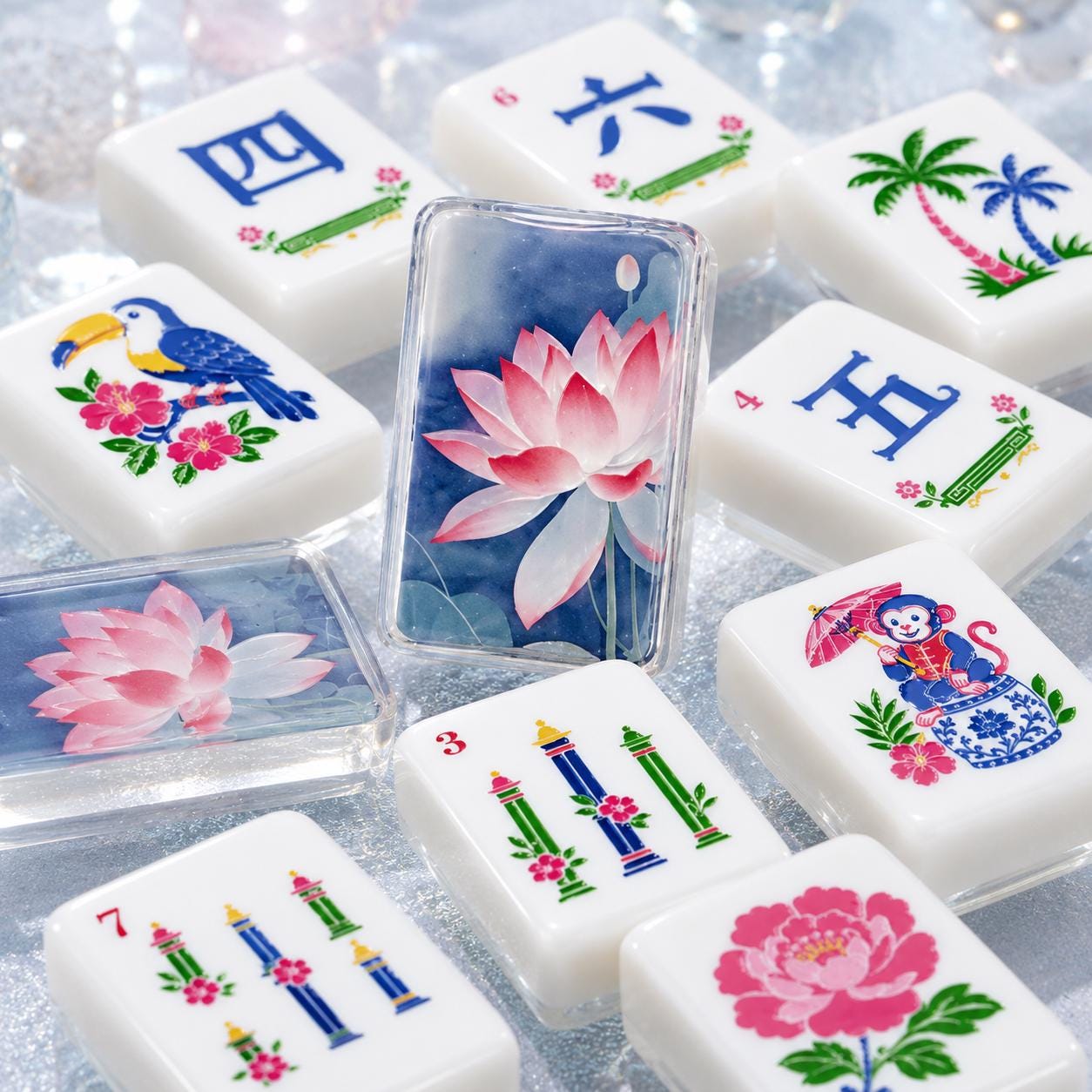 Pink Lotus on Blue American Mahjong Tiles with rosy lotus on blue back and tropical bird face
